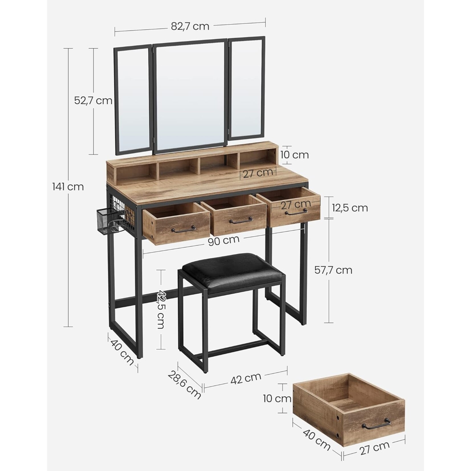 Bobbel Home Bobbel Home Dressing Table Dressing Table With Mirror And Stool Industrial Brown-Black 90 × 40 × 141 cm