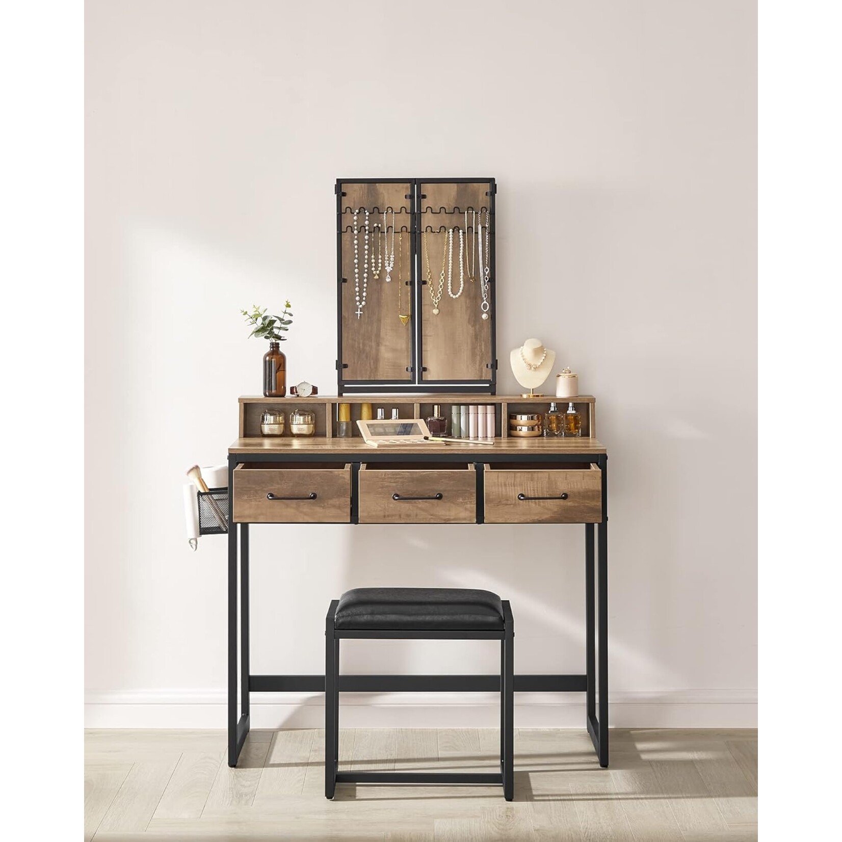 Bobbel Home Bobbel Home Dressing Table Dressing Table With Mirror And Stool Industrial Brown-Black 90 × 40 × 141 cm