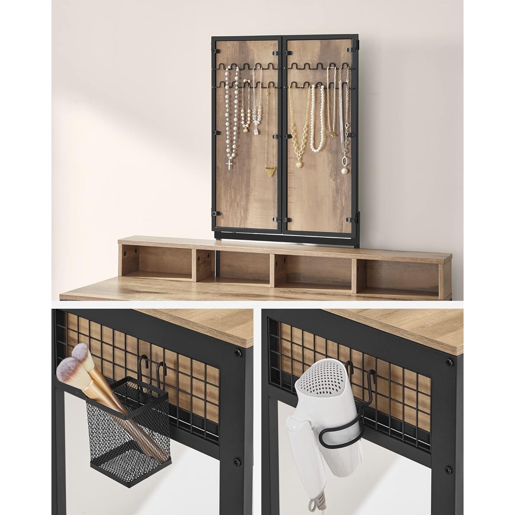 Bobbel Home Bobbel Home Dressing Table Kaptafel Met Spiegel En Kruk Industrieel Bruin-Zwart 90 × 40 × 141 cm