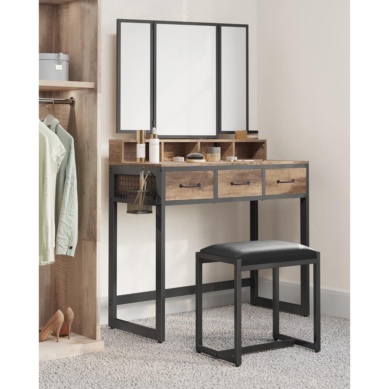 Bobbel Home Bobbel Home Dressing Table Dressing Table With Mirror And Stool Industrial Brown-Black 90 × 40 × 141 cm