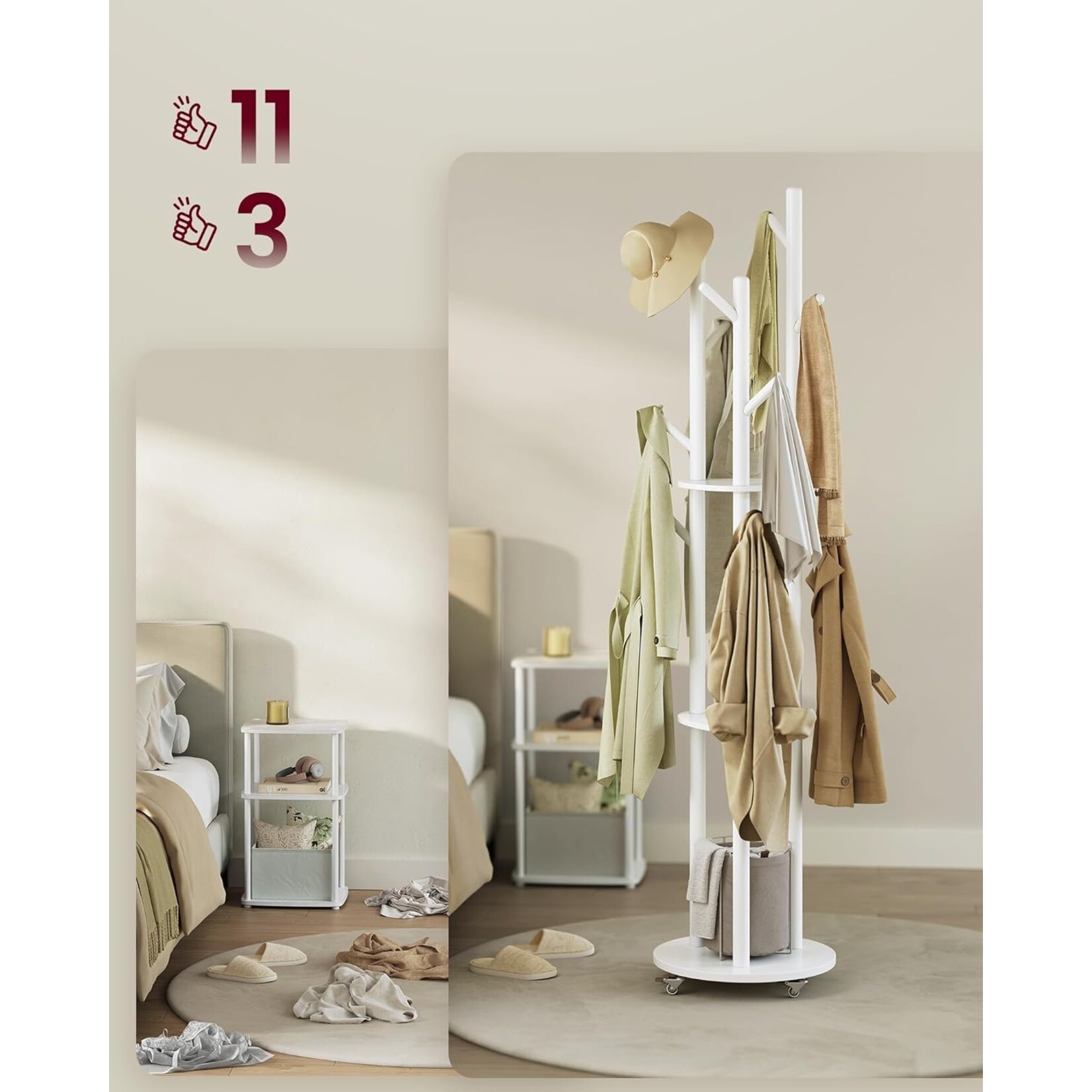 Bobbel Home Bobbel Home Coat rack, 3-piece - Wardrobe rack - With hooks and shelves, 11 hooks for hallway or bedroom
