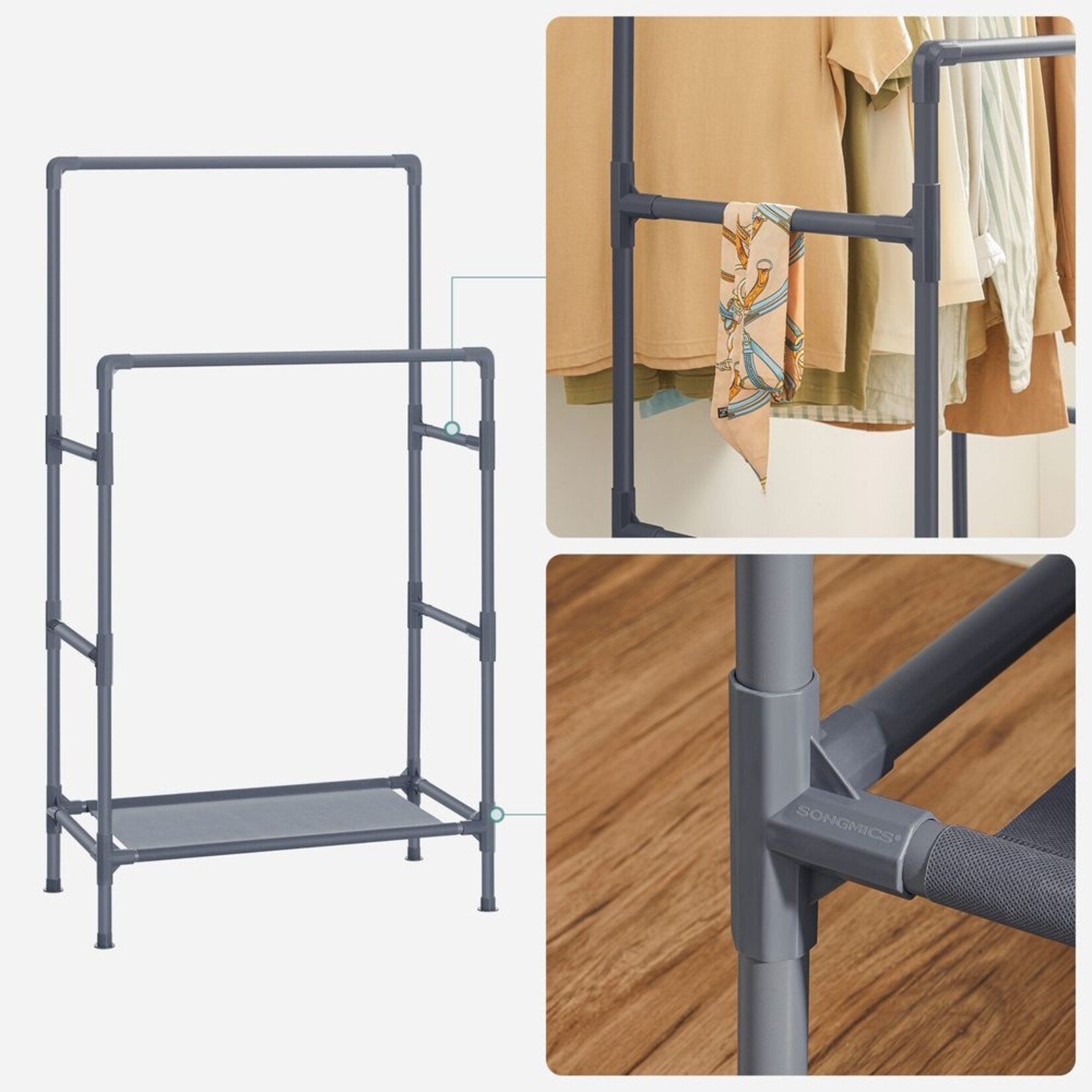 Bobbel Home Bobbel Home Clothes Rack - Wardrobe Rack - With Double Clothes Rail and Storage Rack Black Metal 157 cm