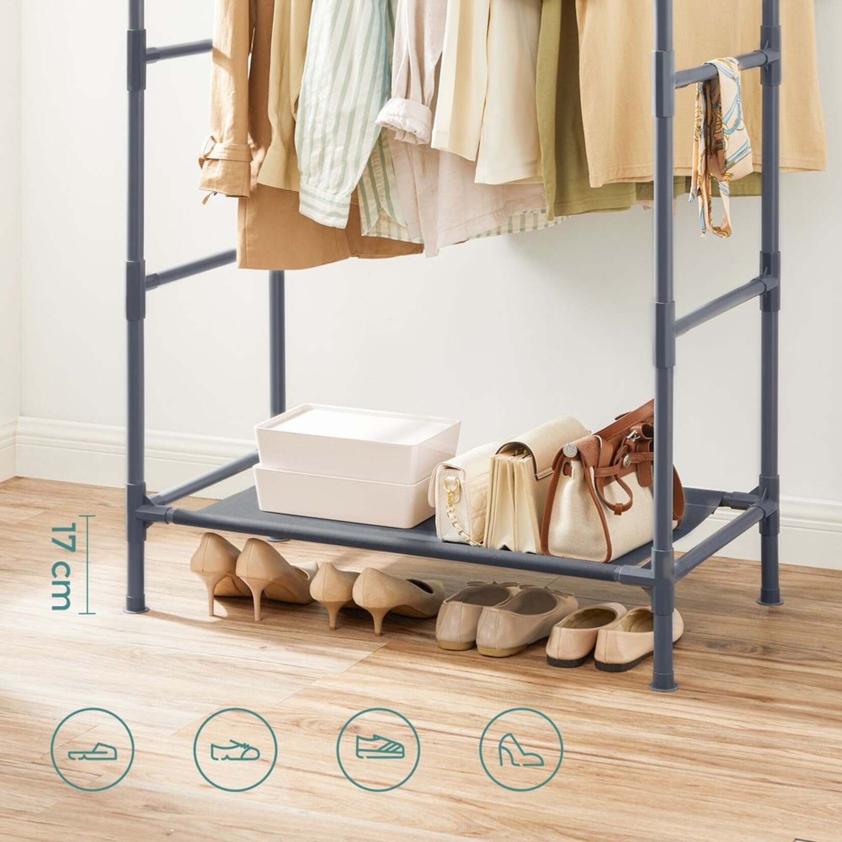 Bobbel Home Bobbel Home Clothes Rack - Wardrobe Rack - With Double Clothes Rail and Storage Rack Black Metal 157 cm