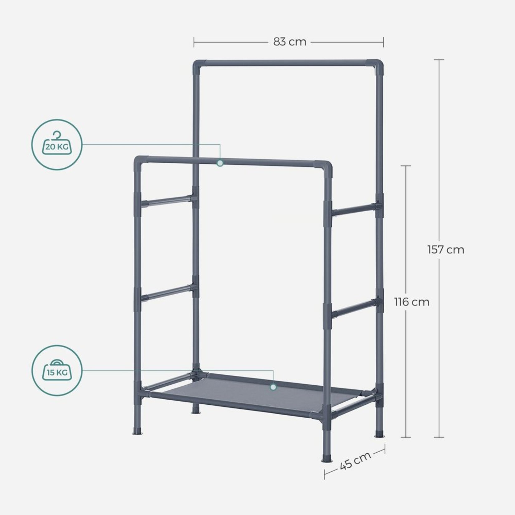 Bobbel Home Bobbel Home Clothes Rack - Wardrobe Rack - With Double Clothes Rail and Storage Rack Black Metal 157 cm