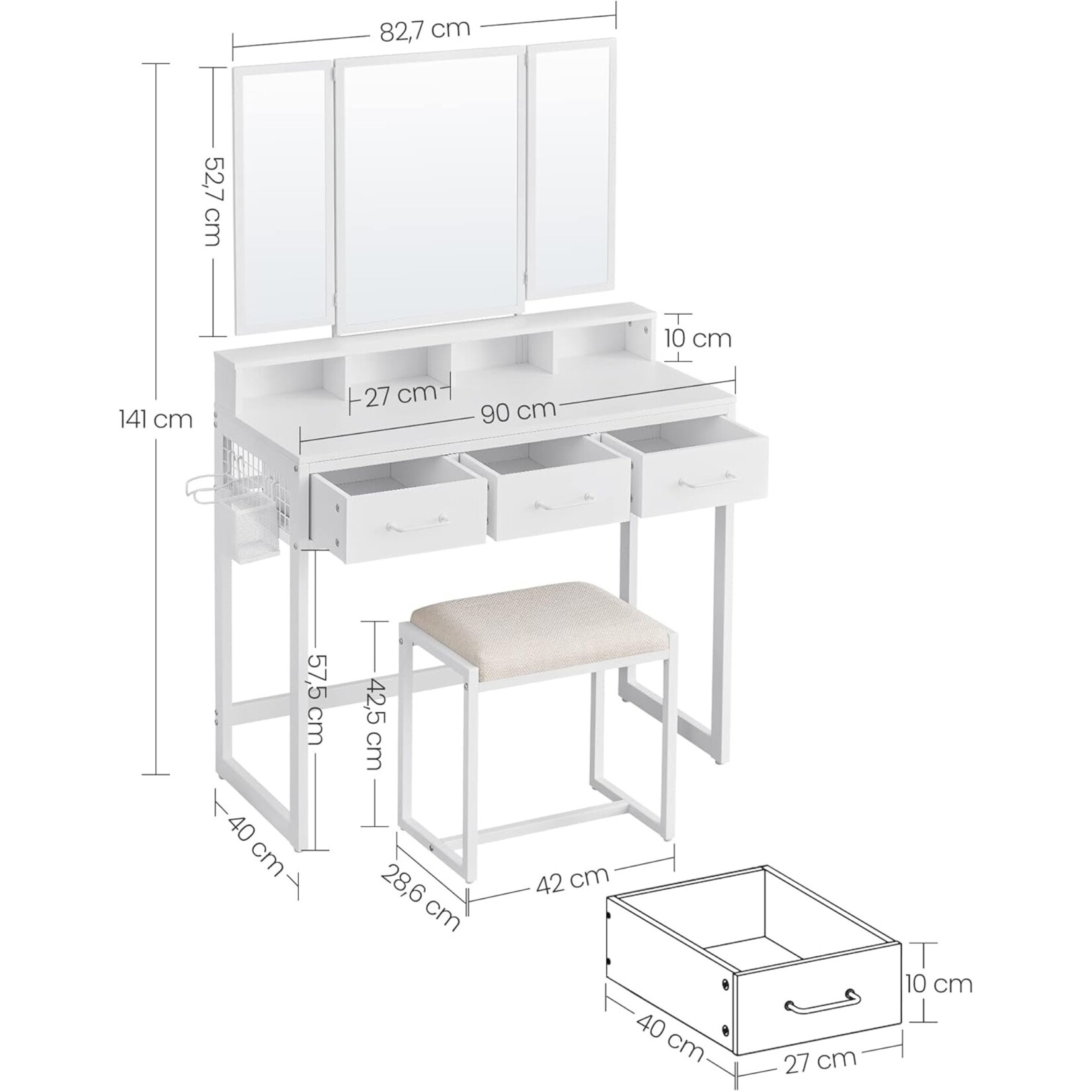 Bobbel Home Bobbel Home Kaptafel - Make-uptafel met gestoffeerde kruk - kaptafel met drievoudige spiegel met 3 laden