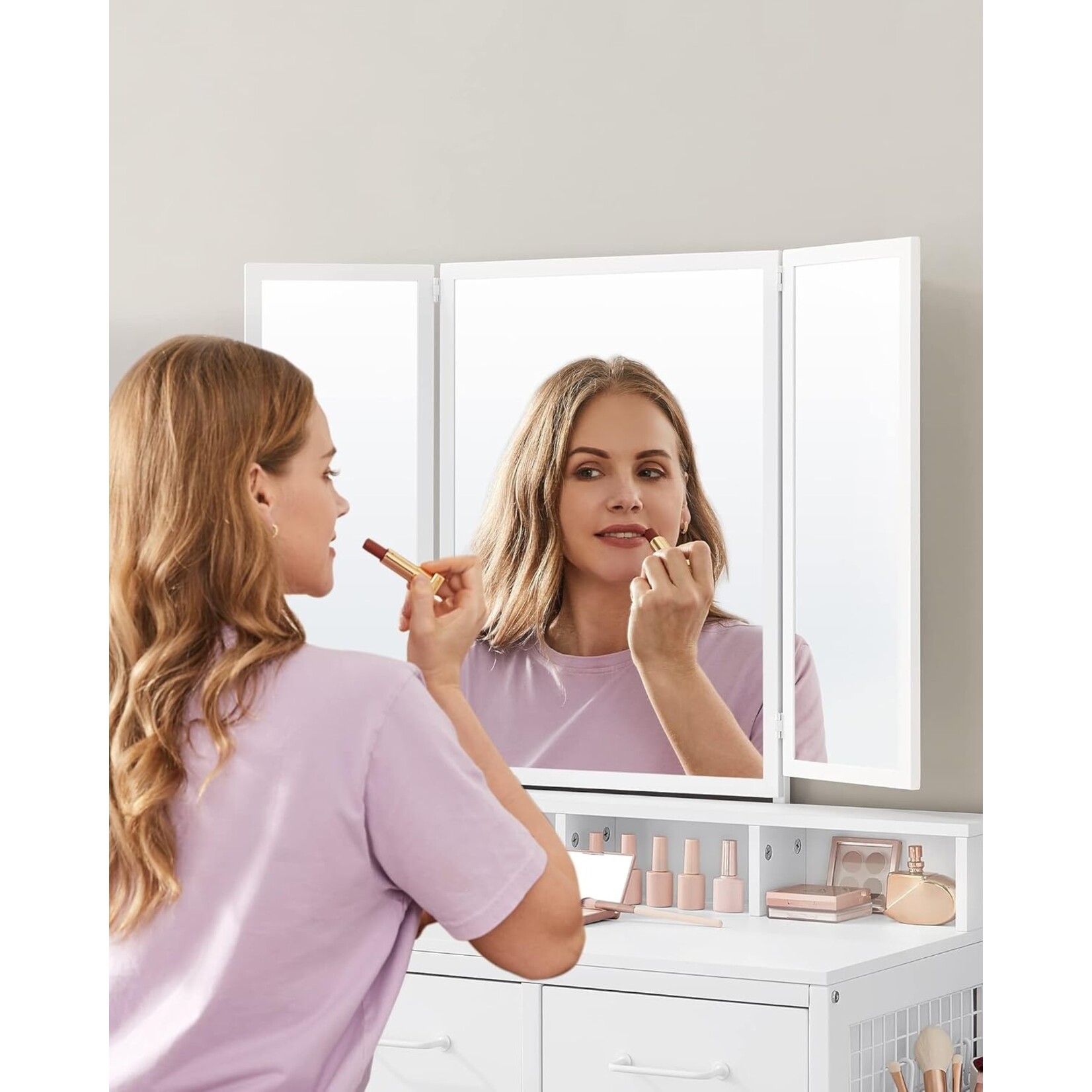 Bobbel Home Bobbel Home Dressing Table - Makeup Table with Upholstered Stool - Dressing Table with Triple Mirror and 3 Drawers