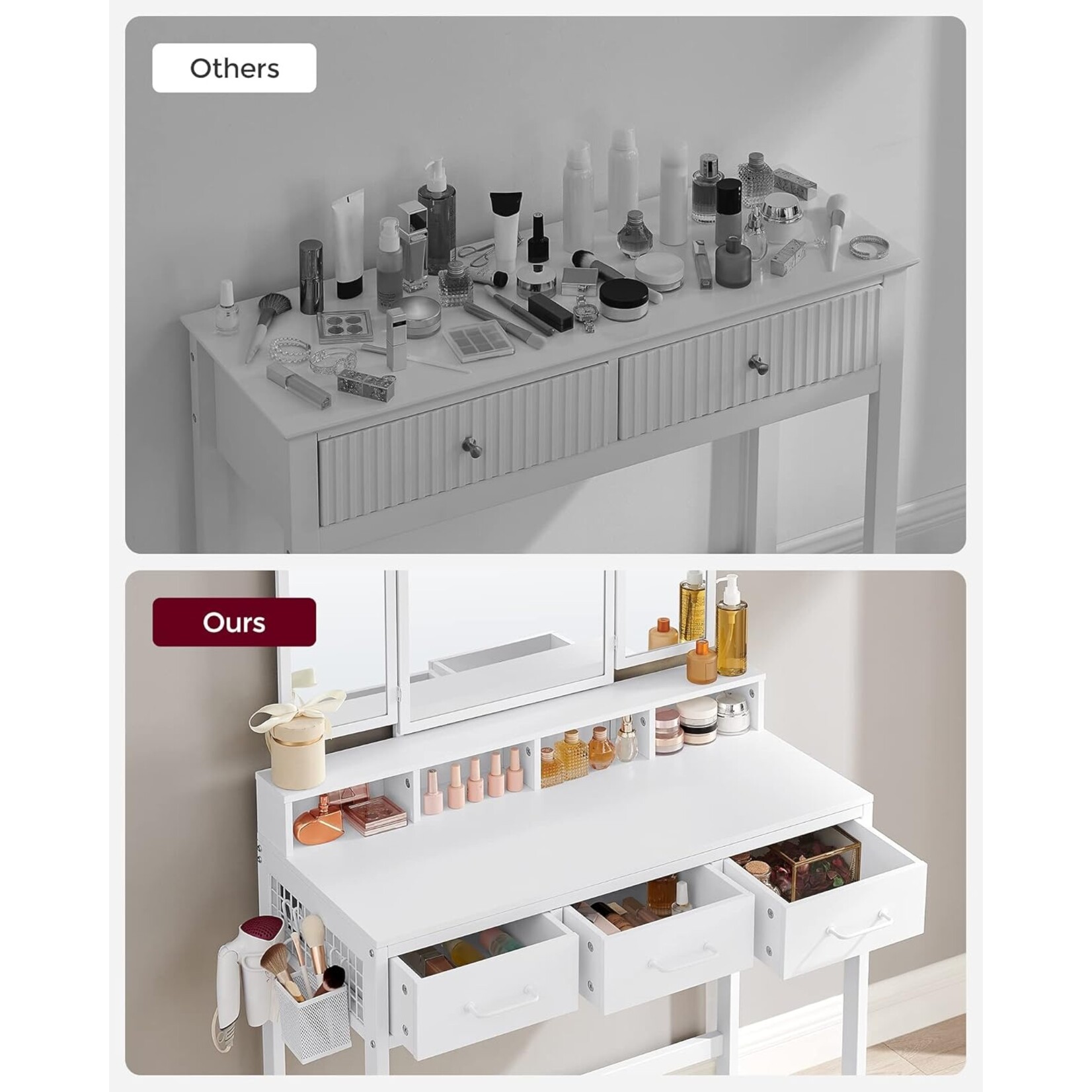 Bobbel Home Bobbel Home Dressing Table - Makeup Table with Upholstered Stool - Dressing Table with Triple Mirror and 3 Drawers