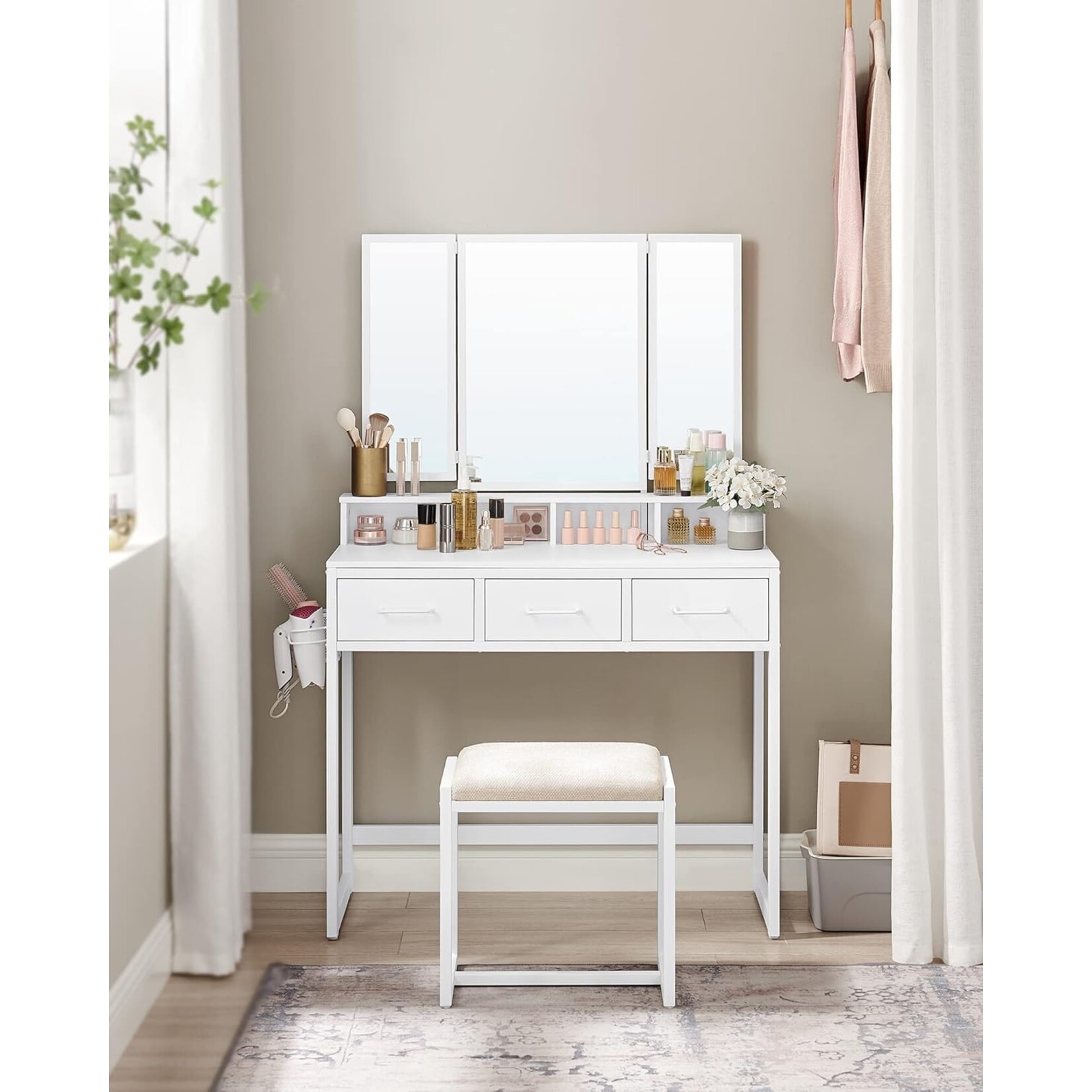 Bobbel Home Bobbel Home Dressing Table - Makeup Table with Upholstered Stool - Dressing Table with Triple Mirror and 3 Drawers