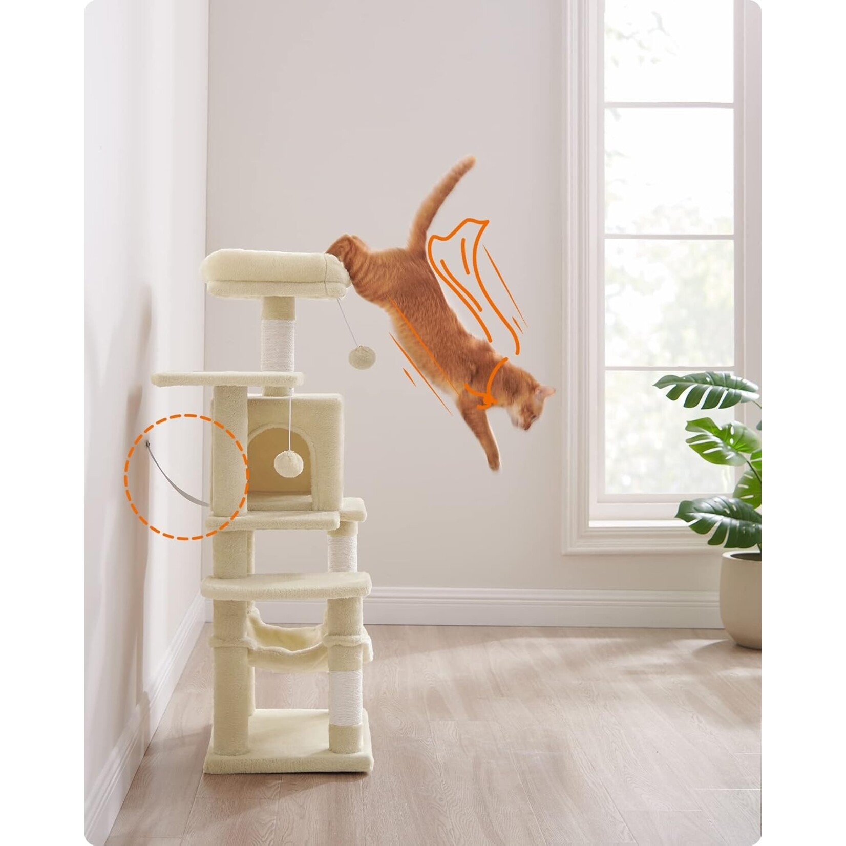 Bobbel Home - krabpaal - 112 cm - stabiele krabpaal met kattenhuis -Beige