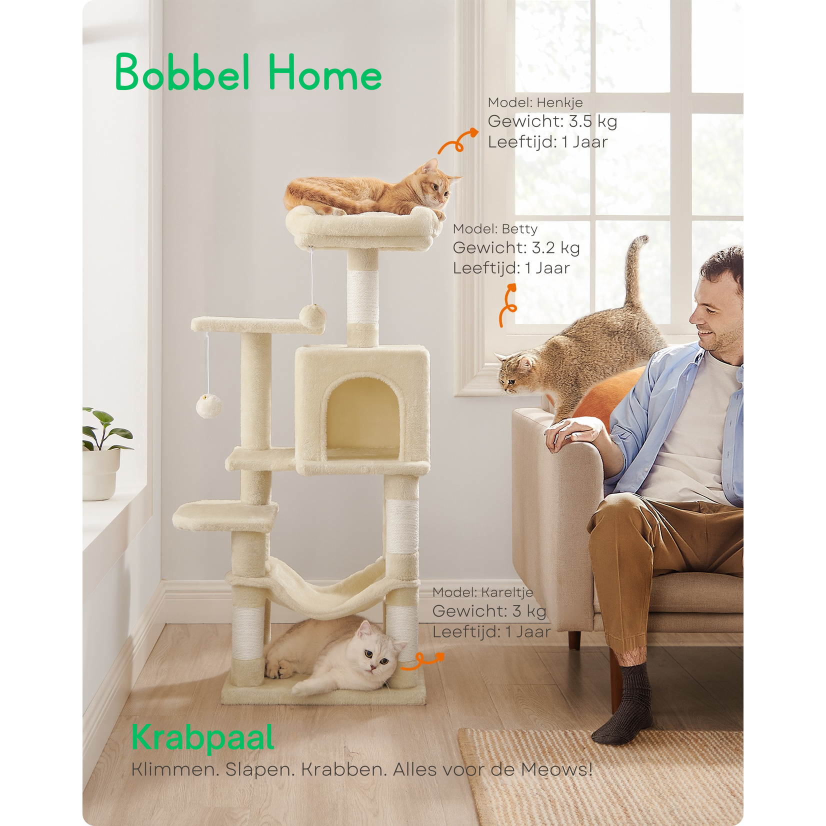Bobbel Home Bobbel Home - scratching post - 112 cm - stable scratching post with cat house - Beige