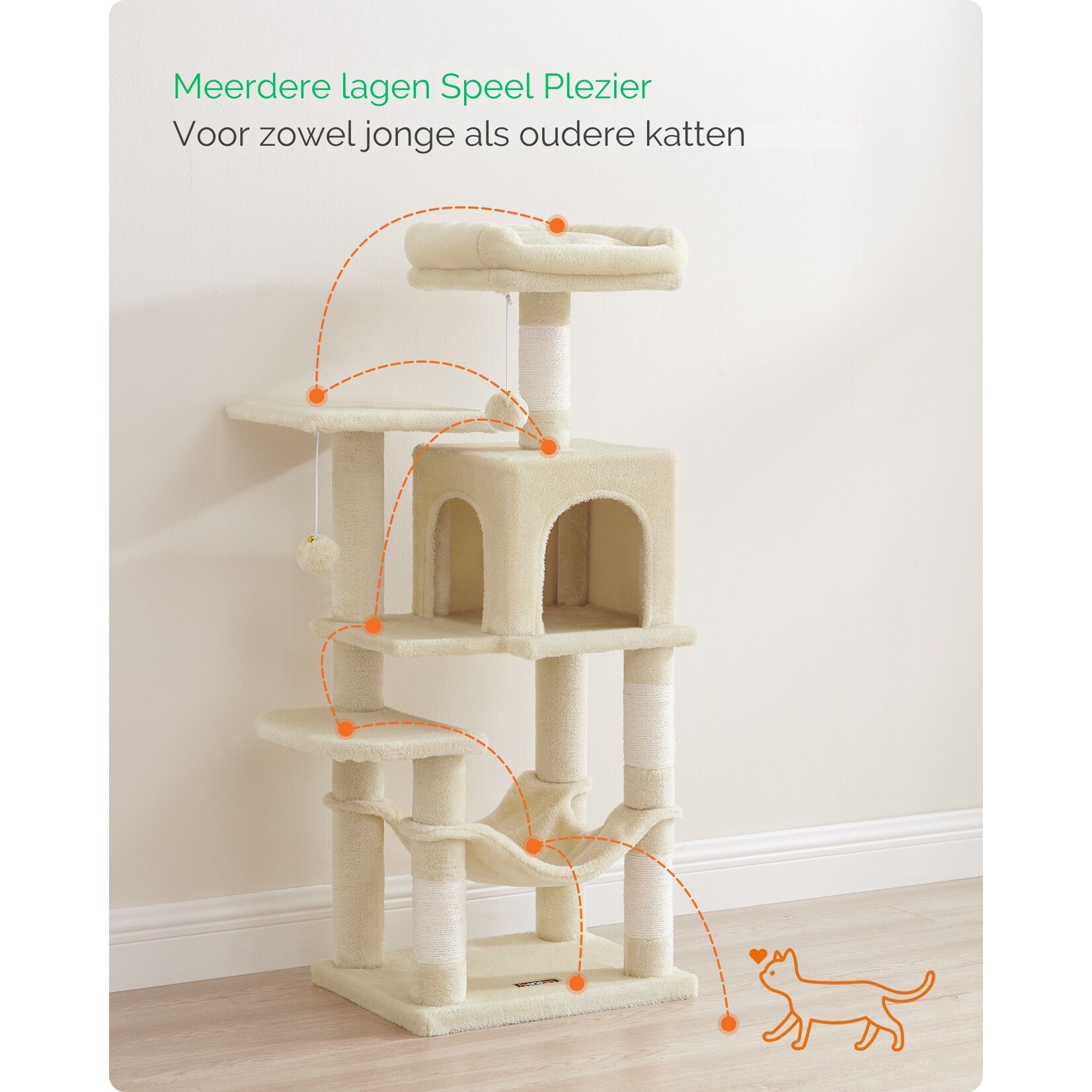 Bobbel Home - krabpaal - 112 cm - stabiele krabpaal met kattenhuis -Beige