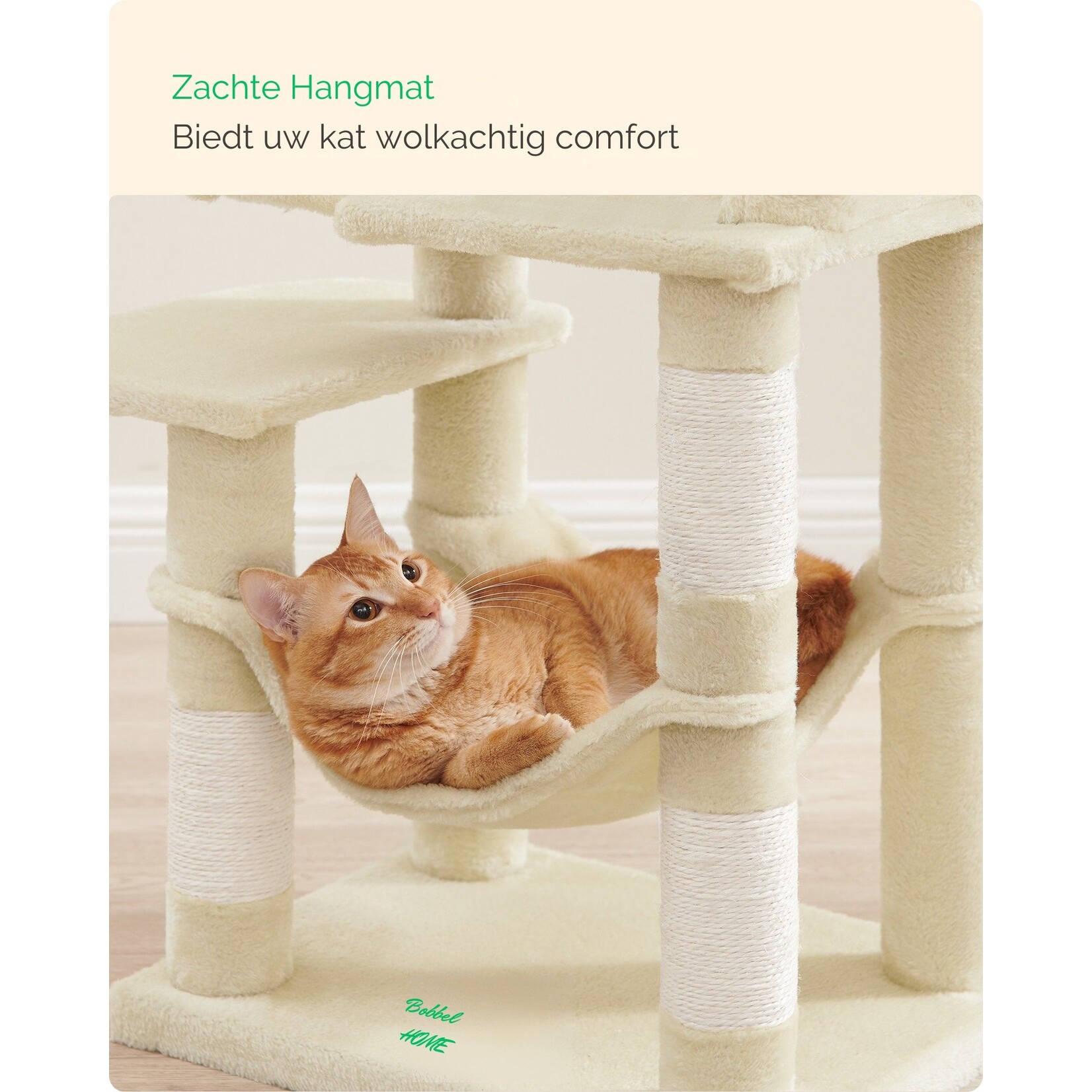 Bobbel Home - krabpaal - 112 cm - stabiele krabpaal met kattenhuis -Beige