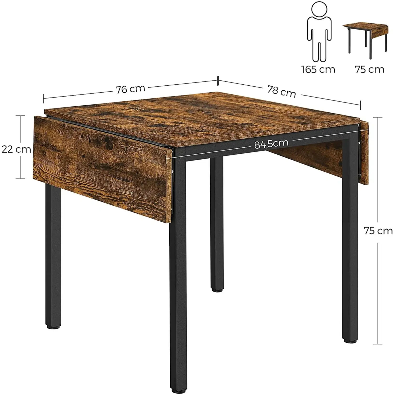 Parya Home Opvouwbare eettafel voor 2-4 personen voor kleine ruimtes Vintage Bruin/Zwart