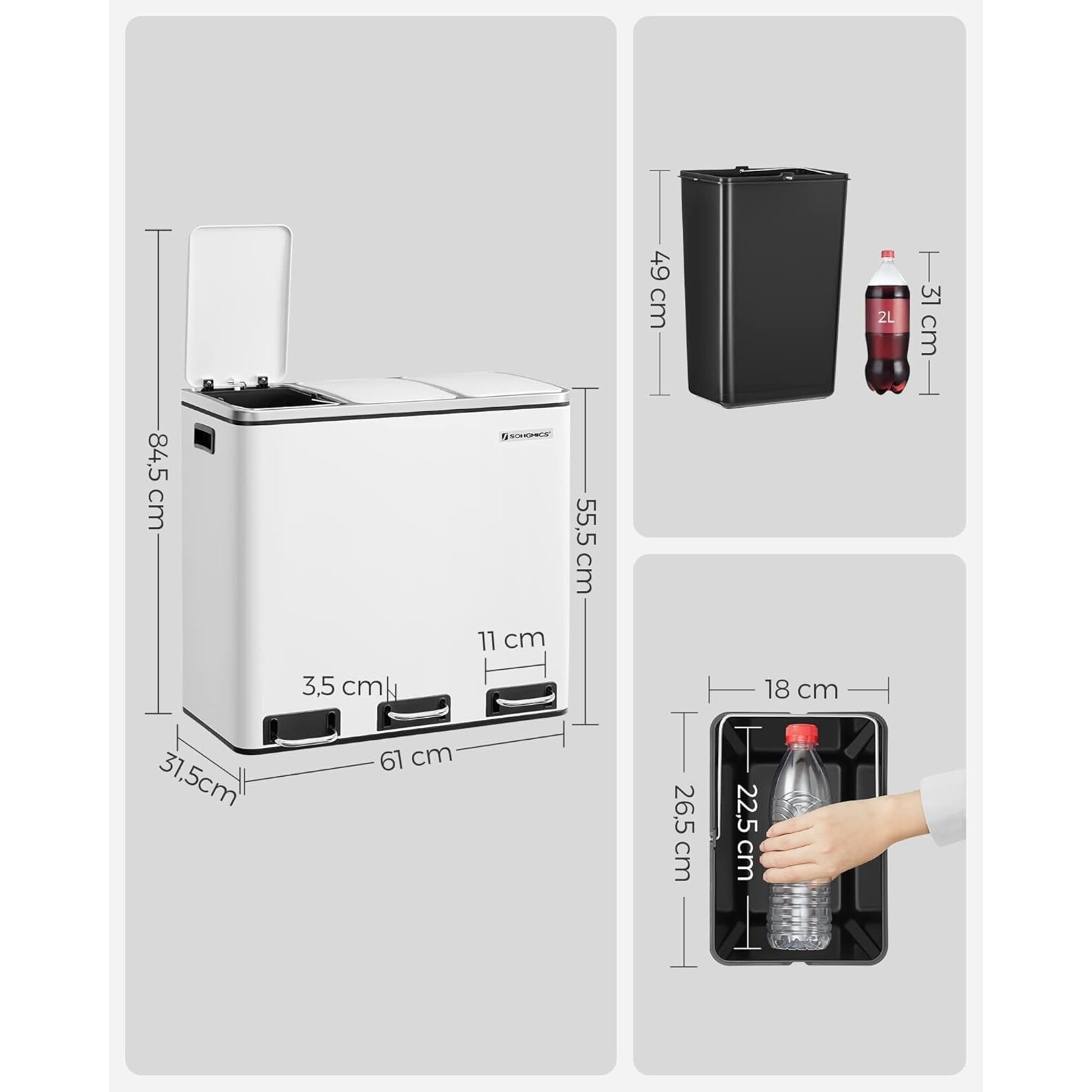 Bobbel Home Pedaalemmer 54 Liter - RVS Prullenbak 3 vakken - Trio Prullenbak 3 X 18 Liter - Prullenbak Afvalscheiding- Vuilnisbak voor huishouden en kantoor - Recycle Vuilbak keuken Afvalemmer - Afvalscheidingsprullenbakken