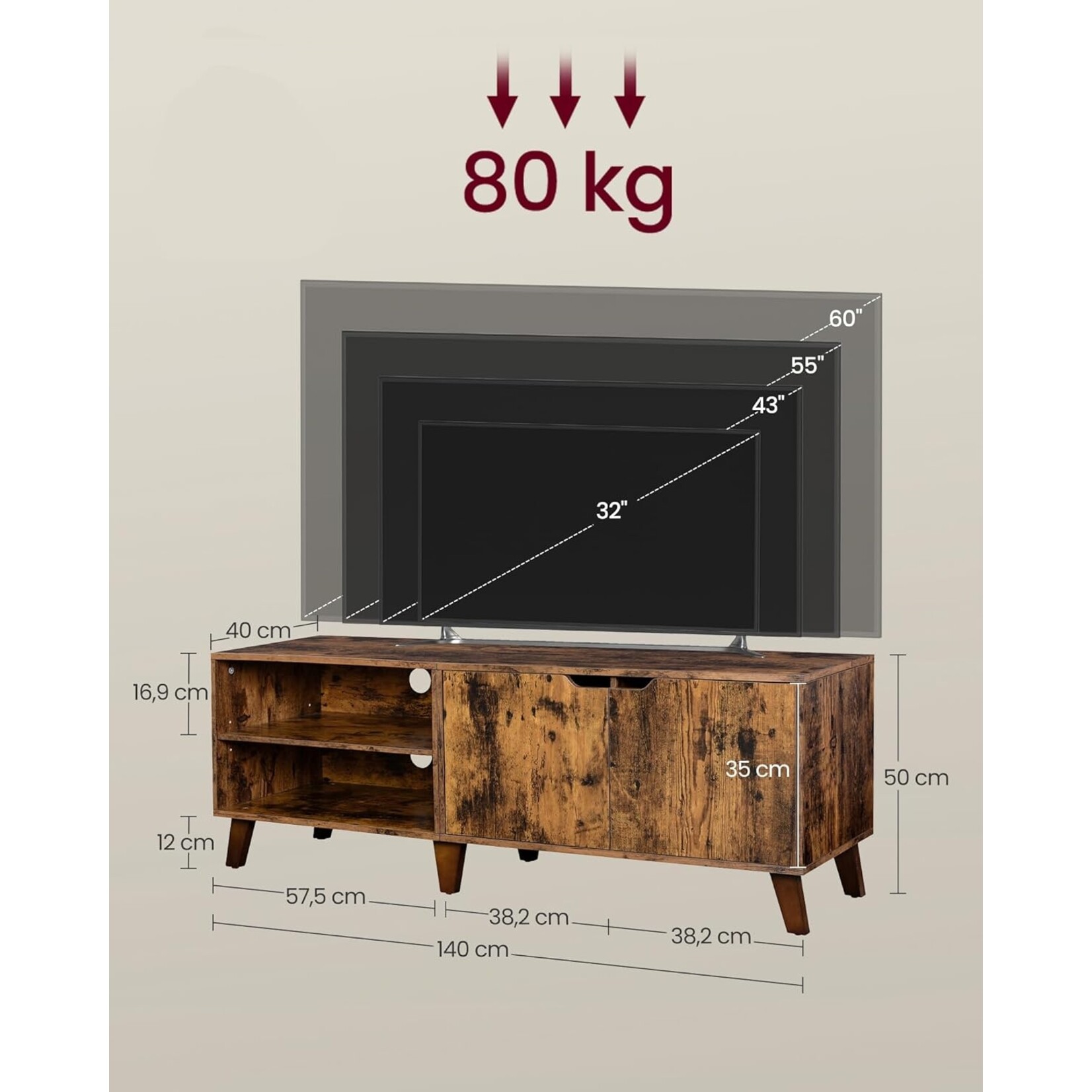 Bobbel Home Bobbel Home Industrieel TV Meubel 140 cm Vintage Bruin TV Kast voor Televisies tot 60 Inch