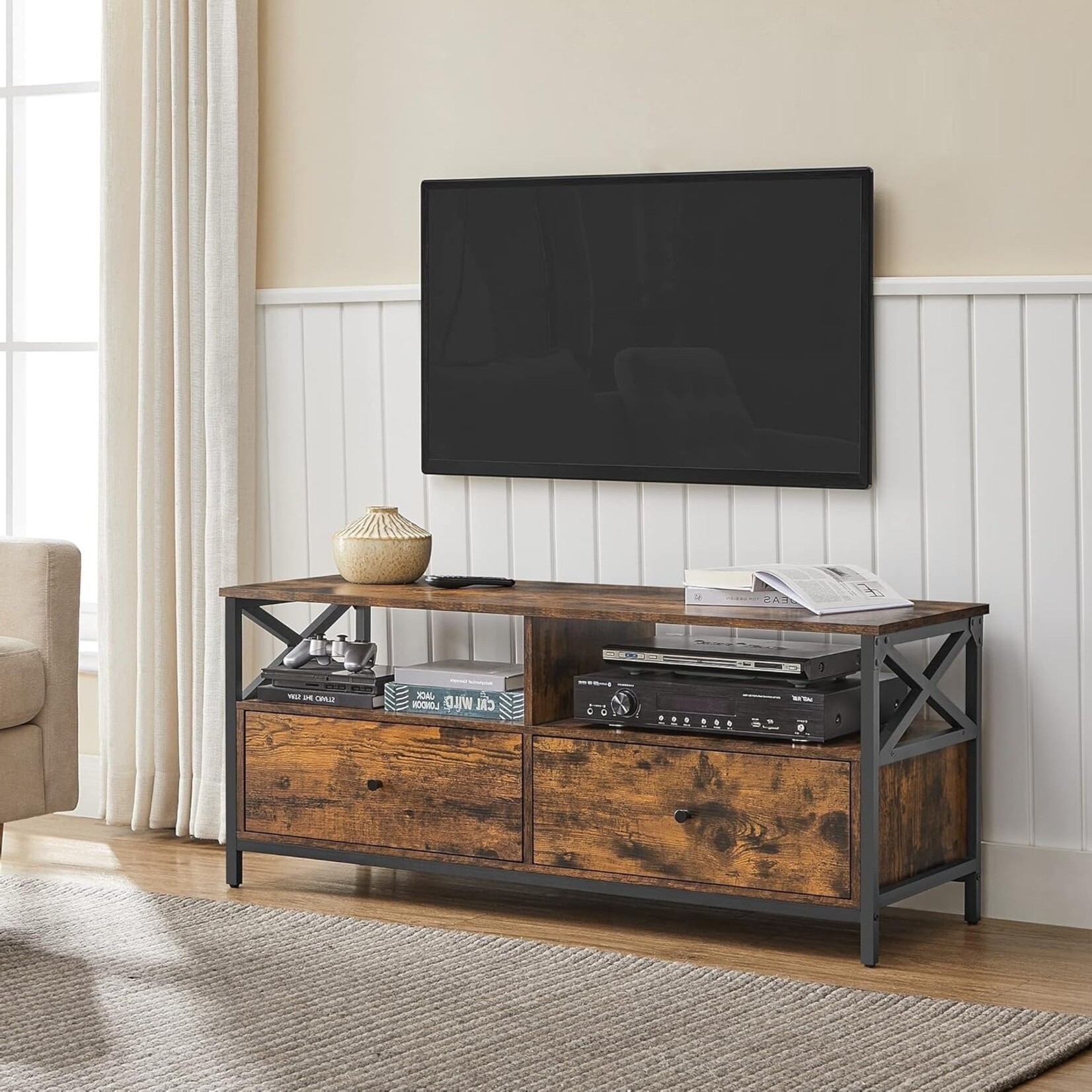 Bobbel Home Industrieel TV Meubel 120 cm Vintage Bruin Zwart TV Kast met Lades voor Televisies tot 55 Inch