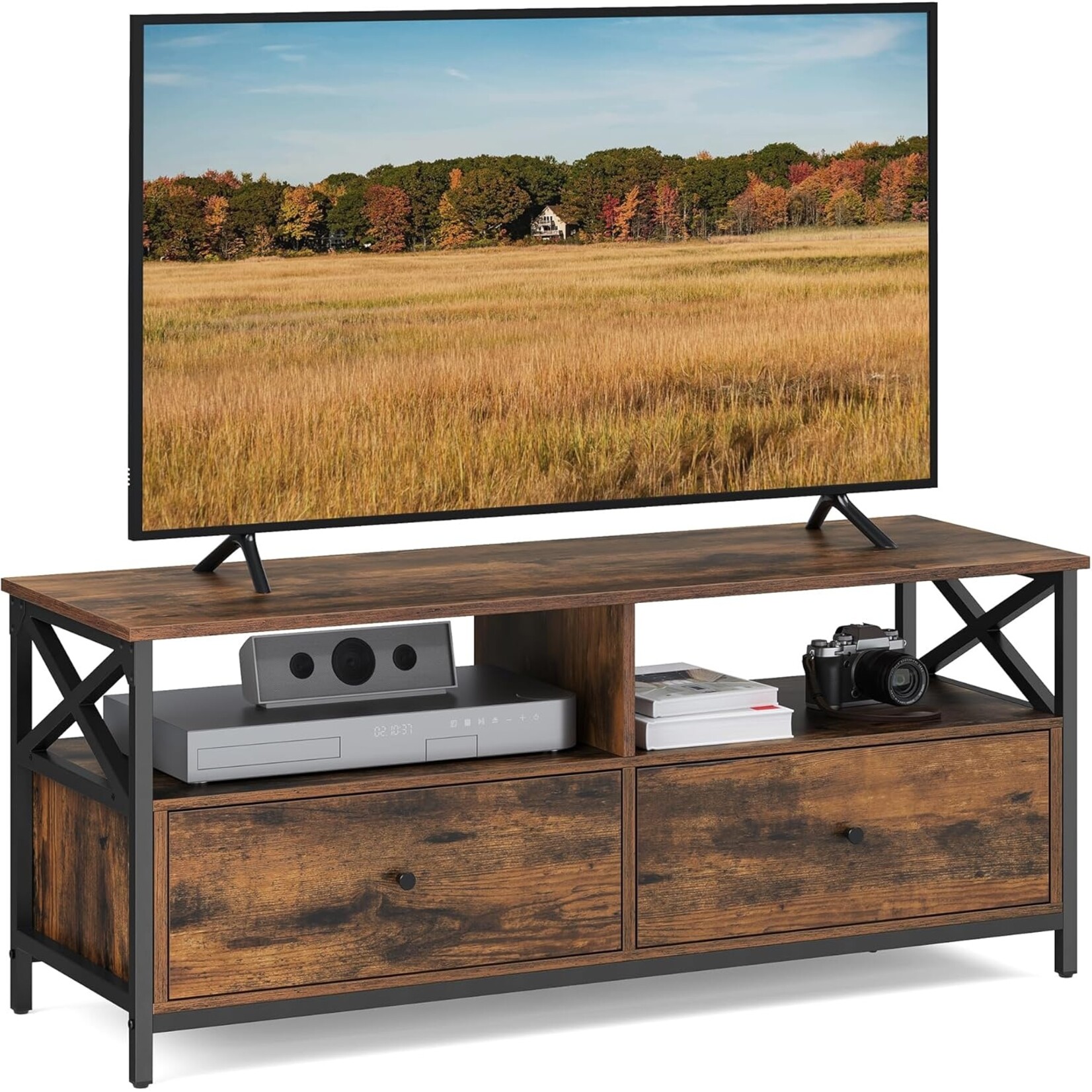 Bobbel Home Industrial TV Stand 120 cm Vintage Brown Black TV Cabinet with Drawers for up to 55 Inch TVs