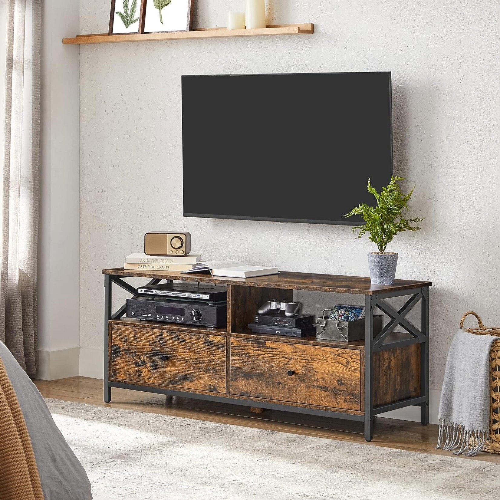 Bobbel Home Industrieel TV Meubel 120 cm Vintage Bruin Zwart TV Kast met Lades voor Televisies tot 55 Inch