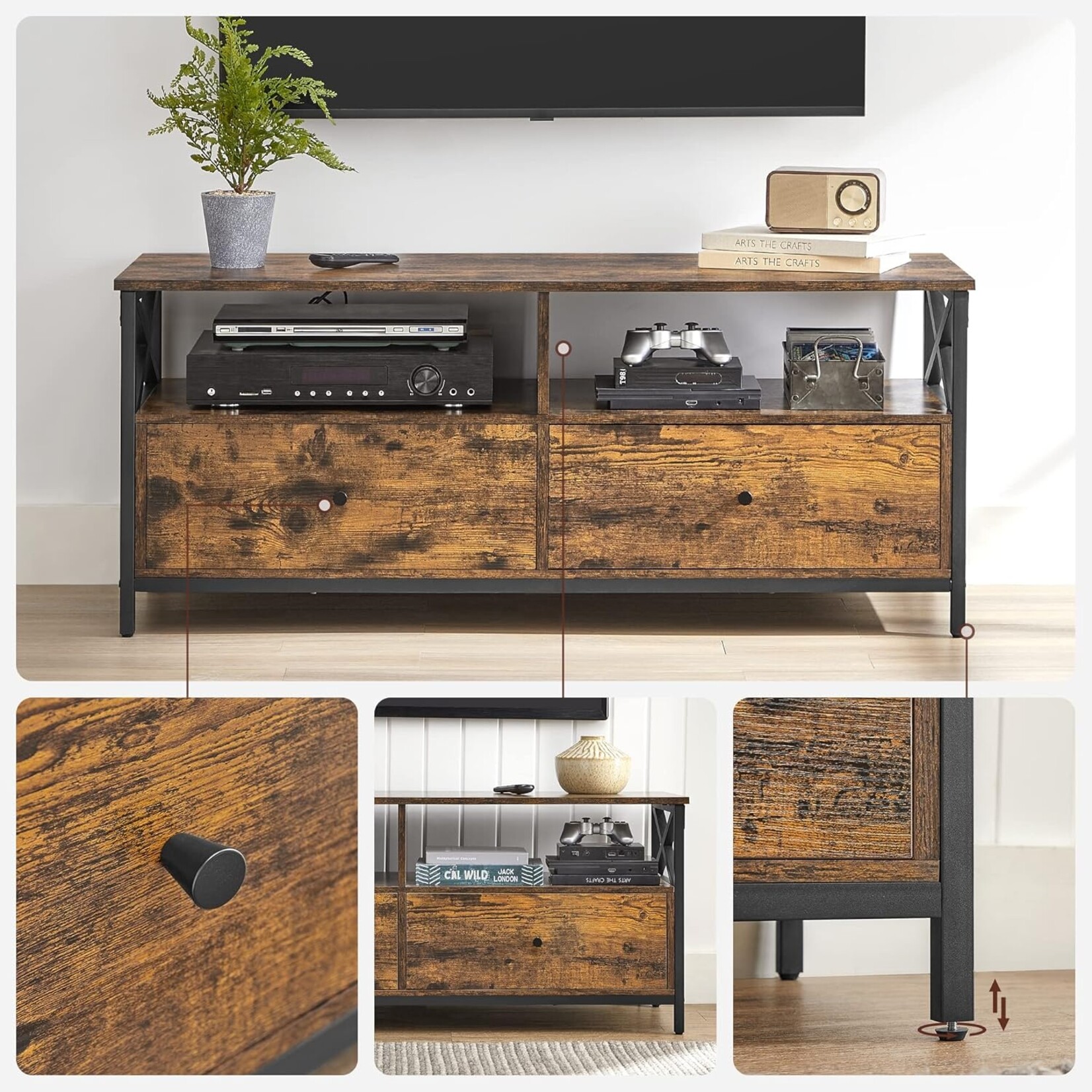 Bobbel Home Industrial TV Stand 120 cm Vintage Brown Black TV Cabinet with Drawers for up to 55 Inch TVs
