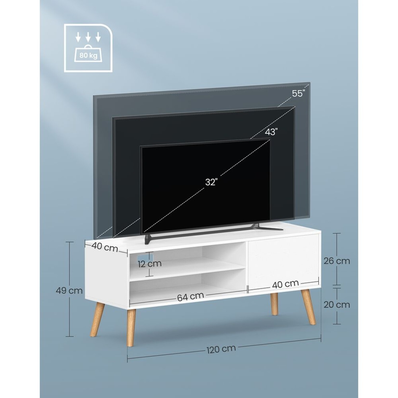 Bobbel Home Bobbel Home Modern TV Stand 120 cm White TV Cabinet with Open Shelves and Door for up to 55 Inch TVs
