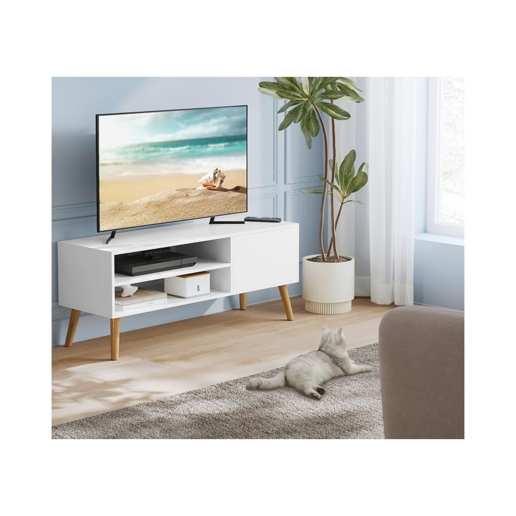 Bobbel Home Bobbel Home Modern TV Stand 120 cm White TV Cabinet with Open Shelves and Door for up to 55 Inch TVs