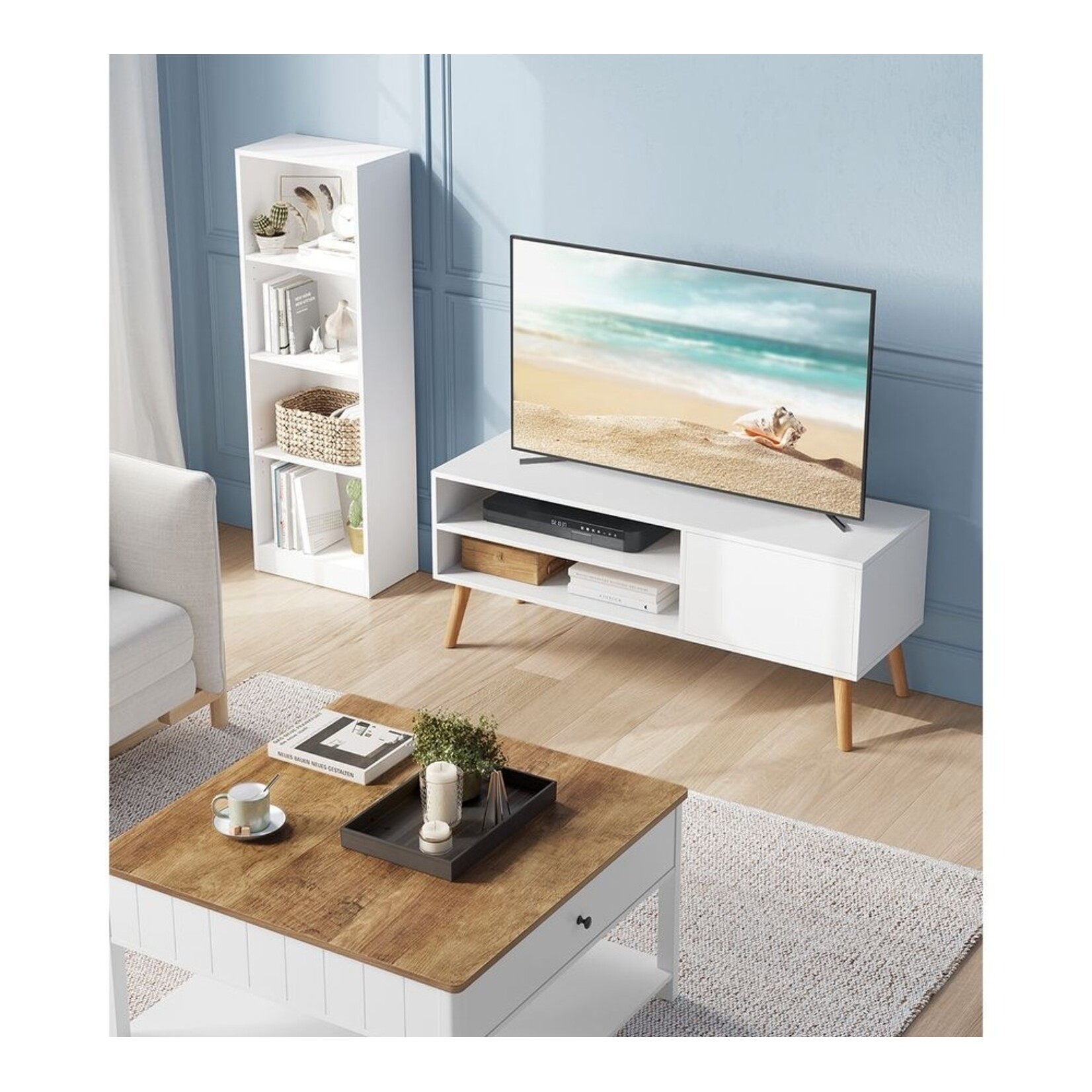 Bobbel Home Bobbel Home Modern TV Stand 120 cm White TV Cabinet with Open Shelves and Door for up to 55 Inch TVs