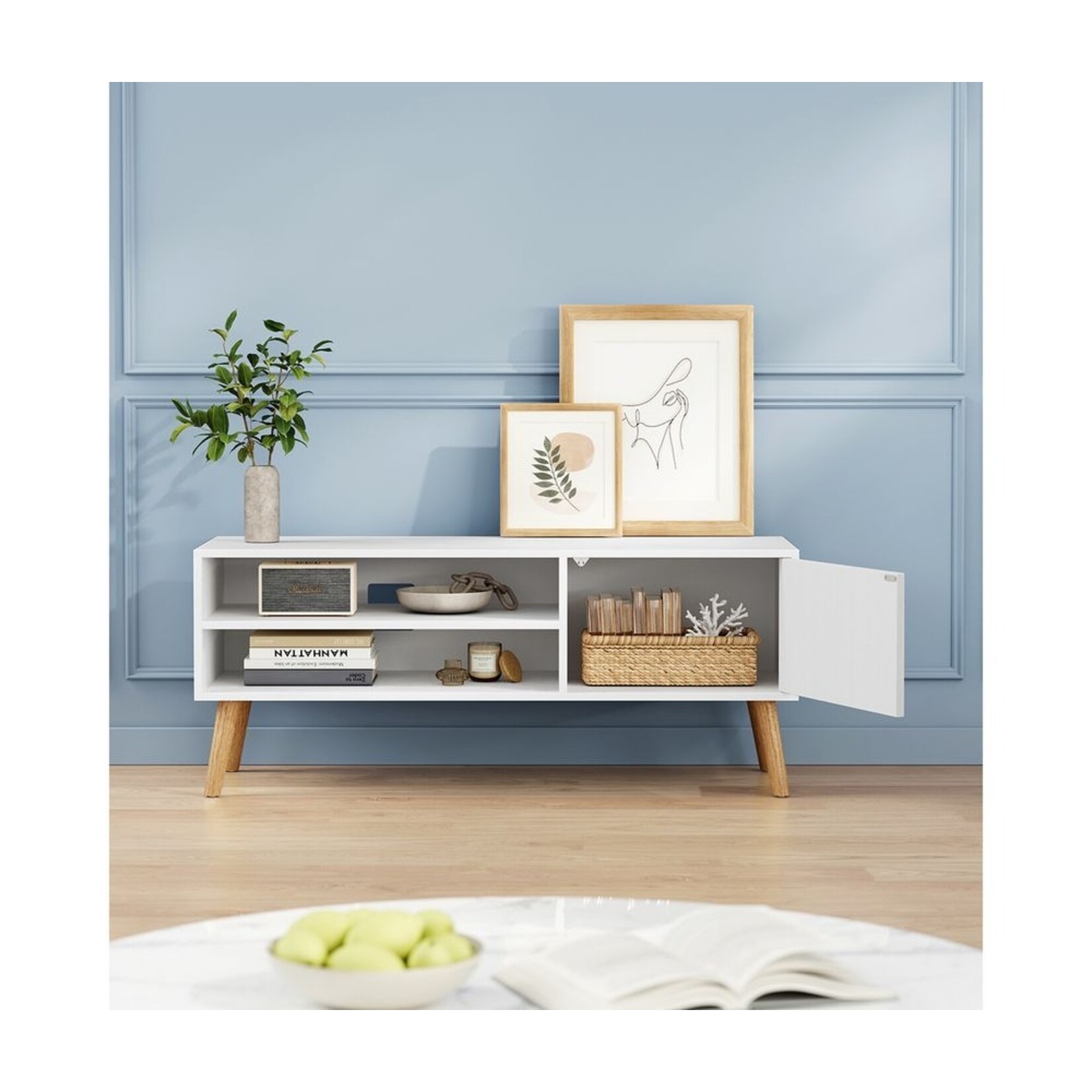 Bobbel Home Bobbel Home Modern TV Stand 120 cm White TV Cabinet with Open Shelves and Door for up to 55 Inch TVs