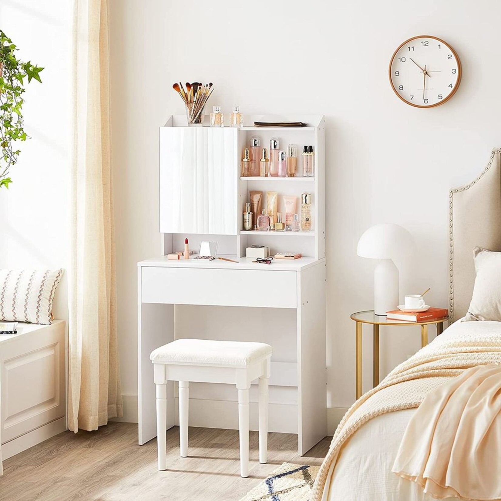 Bobbel Home Bobbel Home Vanity Table with Mirror – White Minimalist – Makeup Table with Drawer and Storage