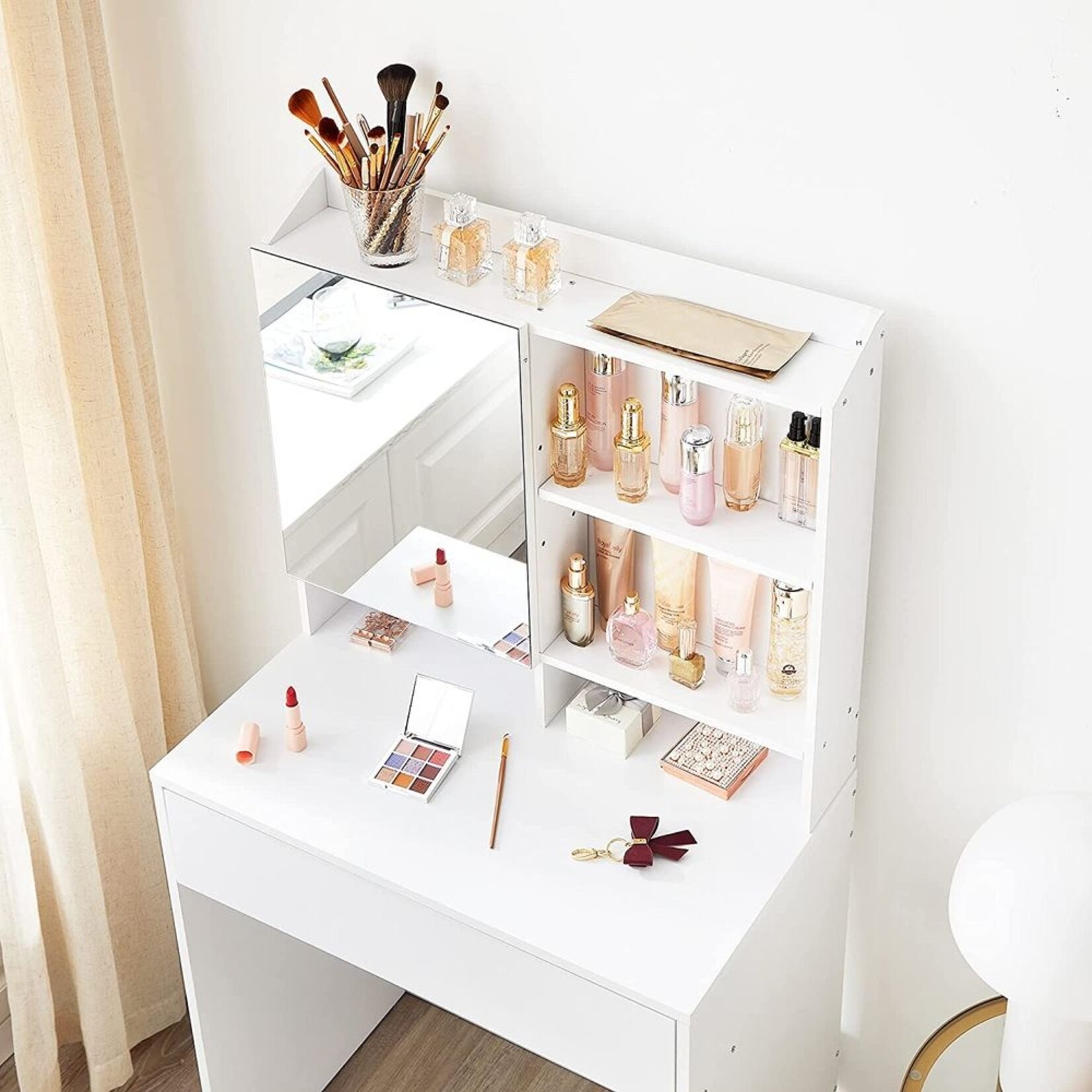 Bobbel Home Bobbel Home Kaptafel met Spiegel – Wit Minimalistisch – Make-up Tafel met Lade en Opbergruimte
