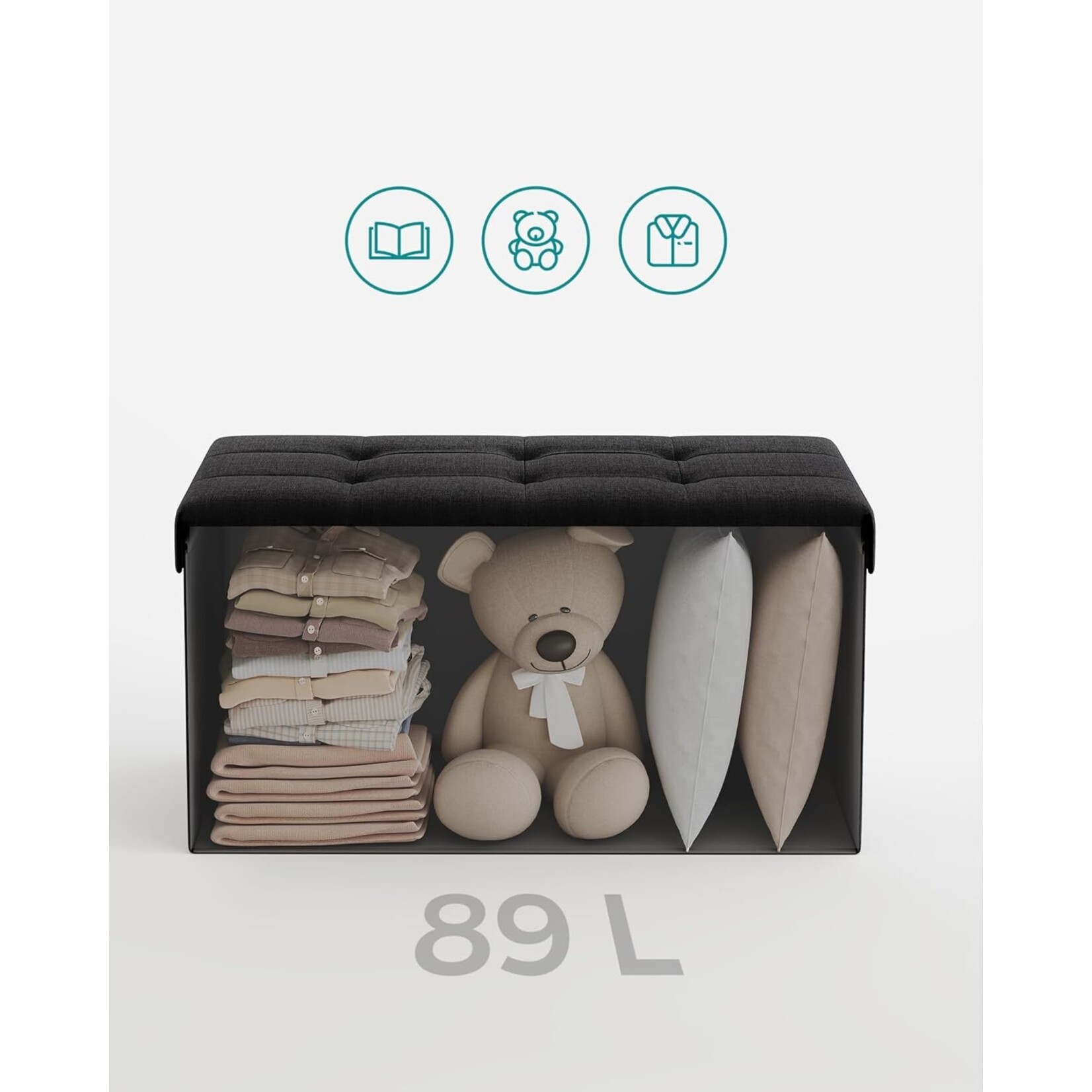 Bobbel Home Storage Bench 76 cm – Black Foldable – Storage Box with 89L Storage Space – Load Capacity up to 300 kg