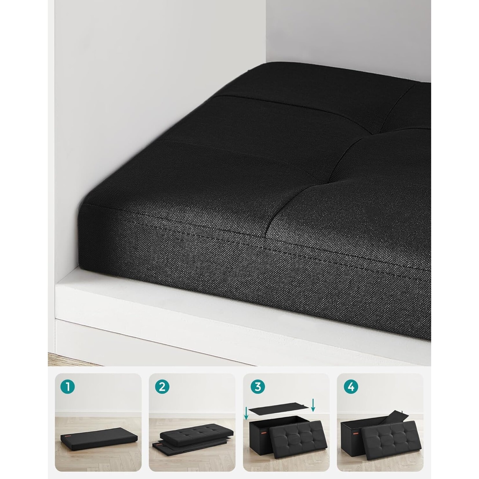 Bobbel Home Opbergbank 76 cm – Zwart Opvouwbaar poef – Zitkist met Opbergruimte 89L – Belastbaar tot 300 kg