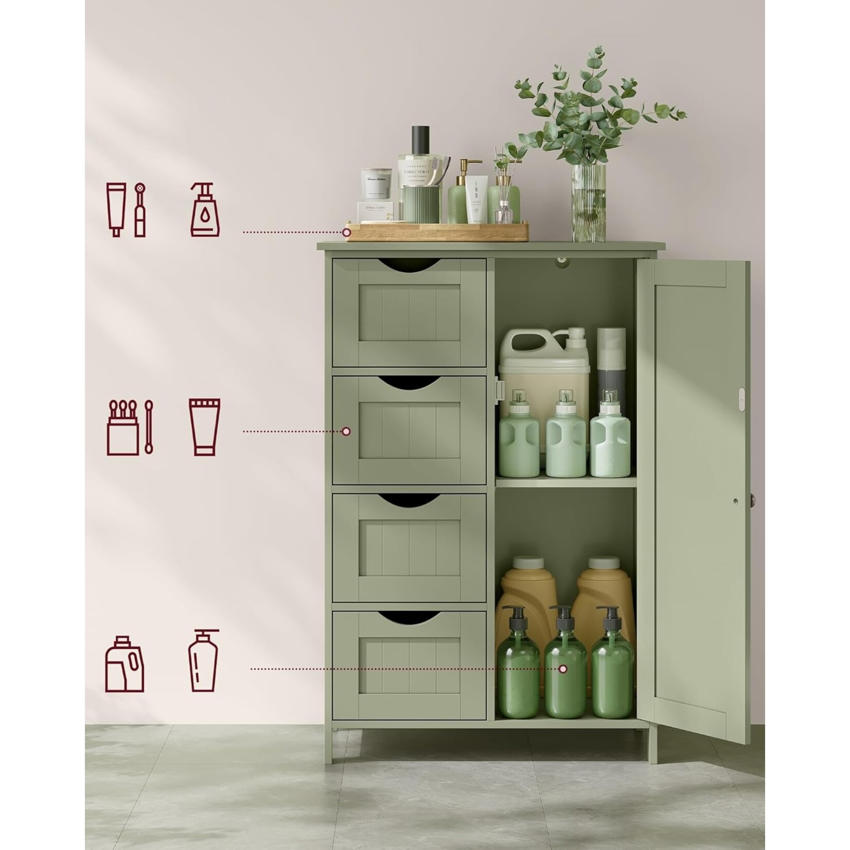 Bobbel Home Bobbel Home Smalle Badkamerkast Met 4 Laden En Deur – Opbergmeubel Groen 30 × 55 × 82 cm