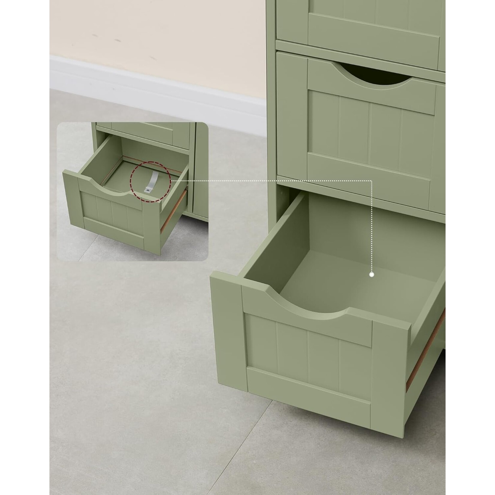 Bobbel Home Bobbel Home Narrow Bathroom Cabinet with 4 Drawers and Door – Storage Unit Green 30 × 55 × 82 cm