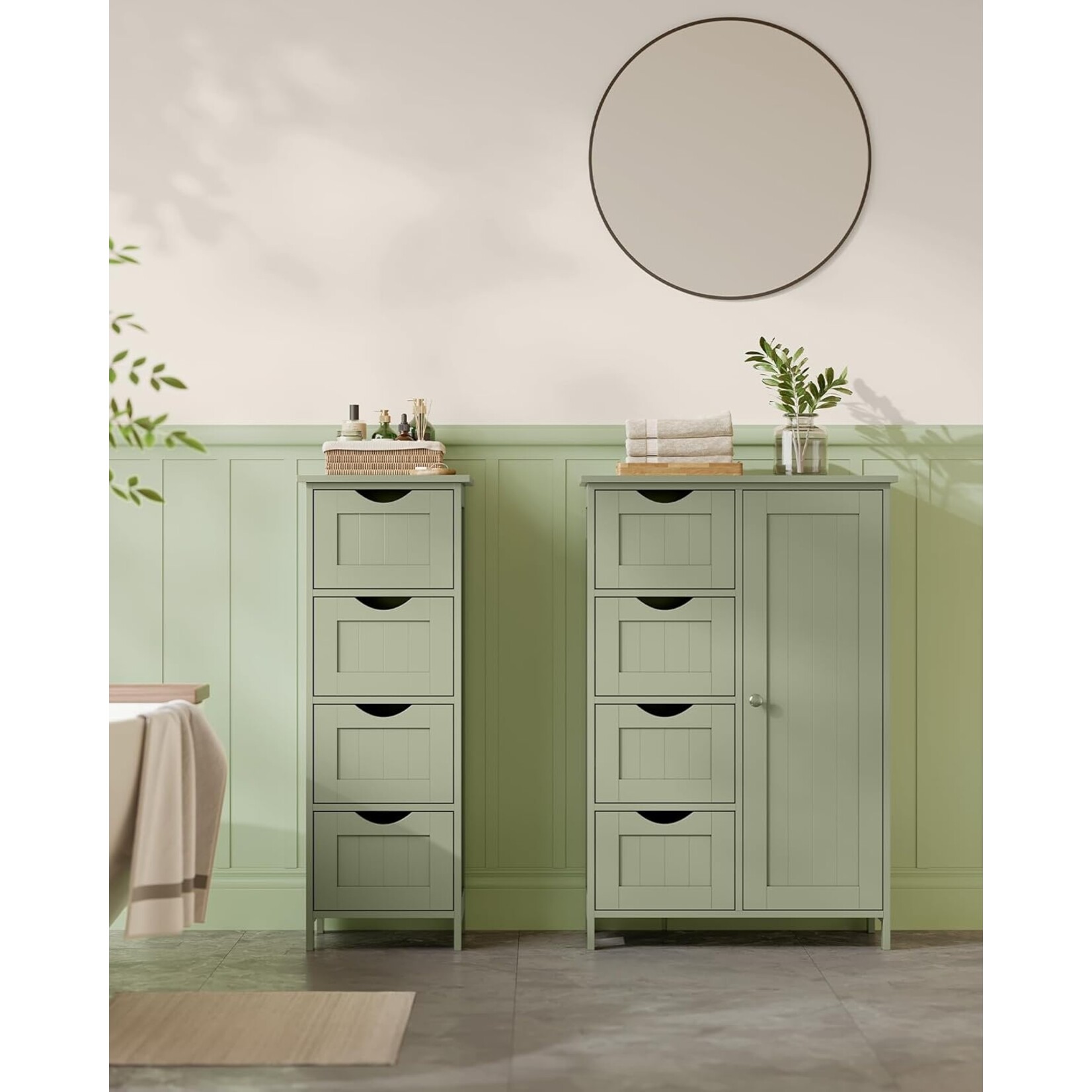 Bobbel Home Bobbel Home Smalle Badkamerkast Met 4 Laden En Deur – Opbergmeubel Groen 30 × 55 × 82 cm