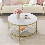 Salontafel - Rond Salontafel - banktafel - woonkamertafel met glasplaat - veel opbergruimte - Woonkamertafel met glazen blad - moderne stijl - Marmer Wit-Metallic Goud