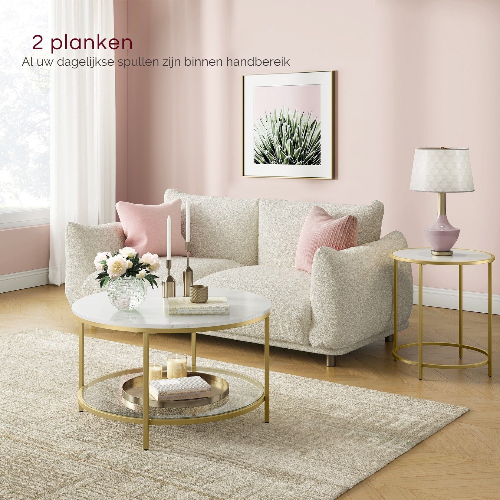 Bobbel Home Coffee table - Round coffee table - sofa table - living room table with glass top - ample storage space - Living room table with glass top - modern style - Marble White-Metallic Gold