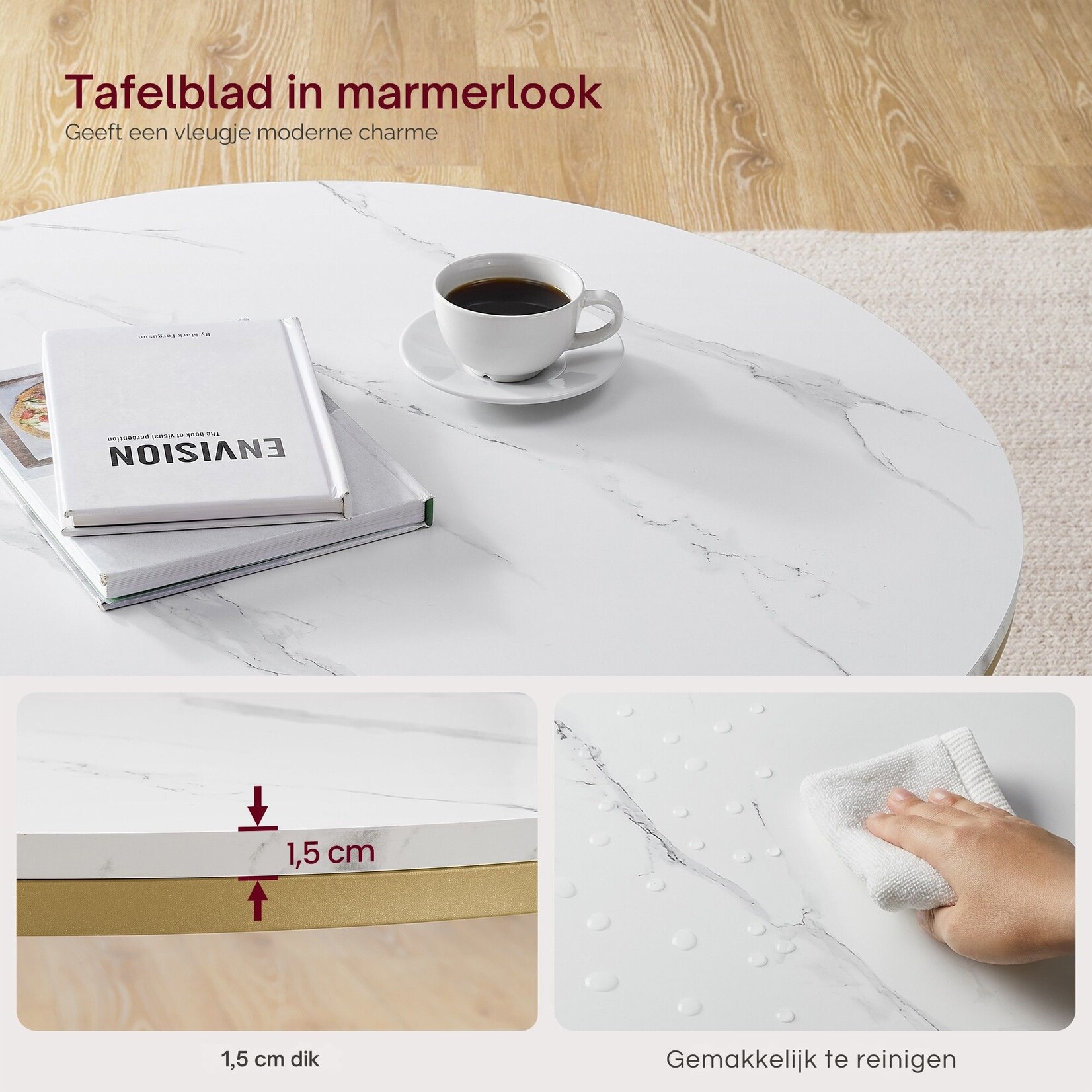 Salontafel - Rond Salontafel - banktafel - woonkamertafel met glasplaat - veel opbergruimte - Woonkamertafel met glazen blad - moderne stijl - Marmer Wit-Metallic Goud