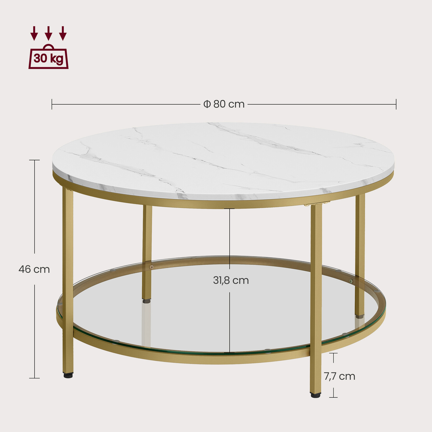 Salontafel - Rond Salontafel - banktafel - woonkamertafel met glasplaat - veel opbergruimte - Woonkamertafel met glazen blad - moderne stijl - Marmer Wit-Metallic Goud