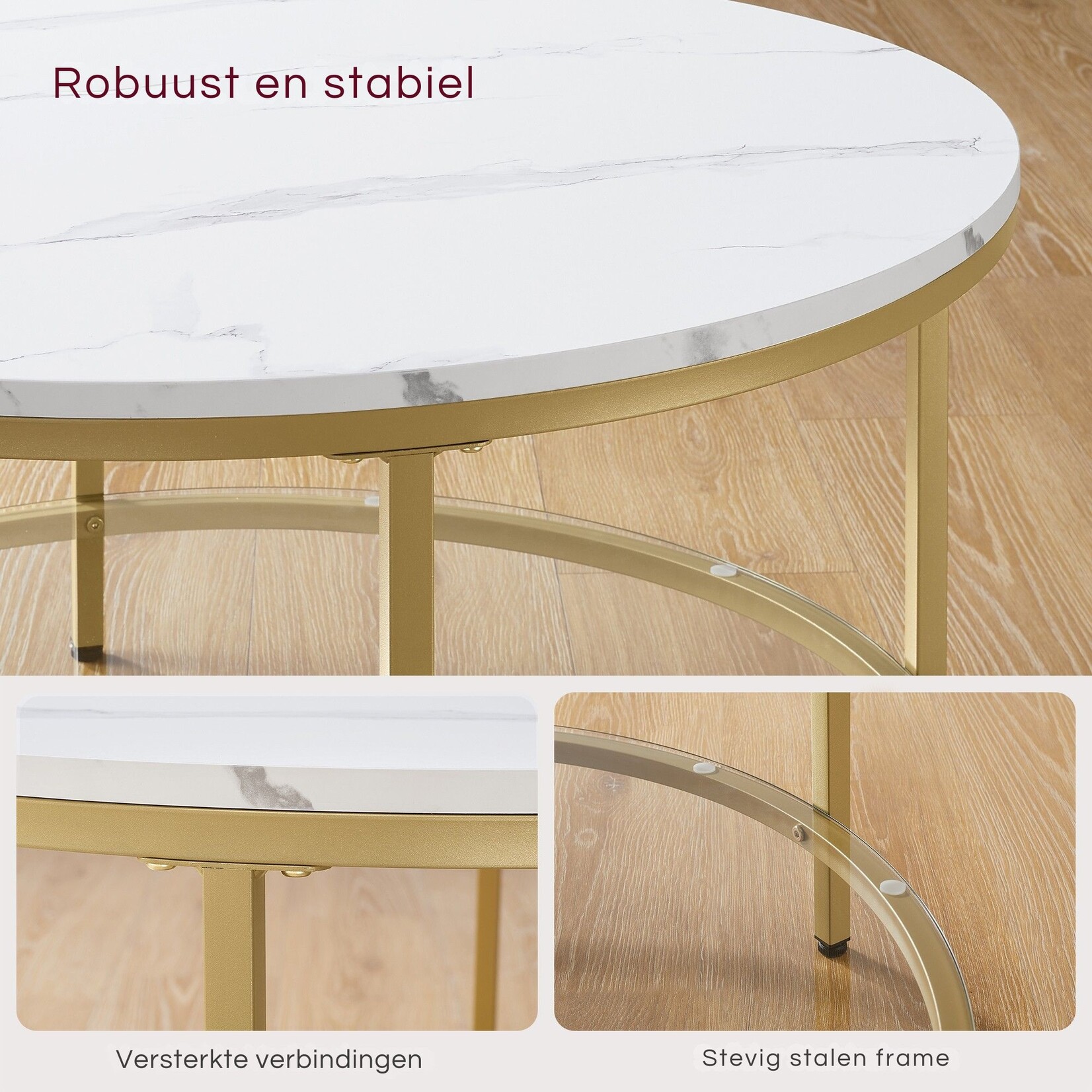 Bobbel Home Coffee table - Round coffee table - sofa table - living room table with glass top - ample storage space - Living room table with glass top - modern style - Marble White-Metallic Gold
