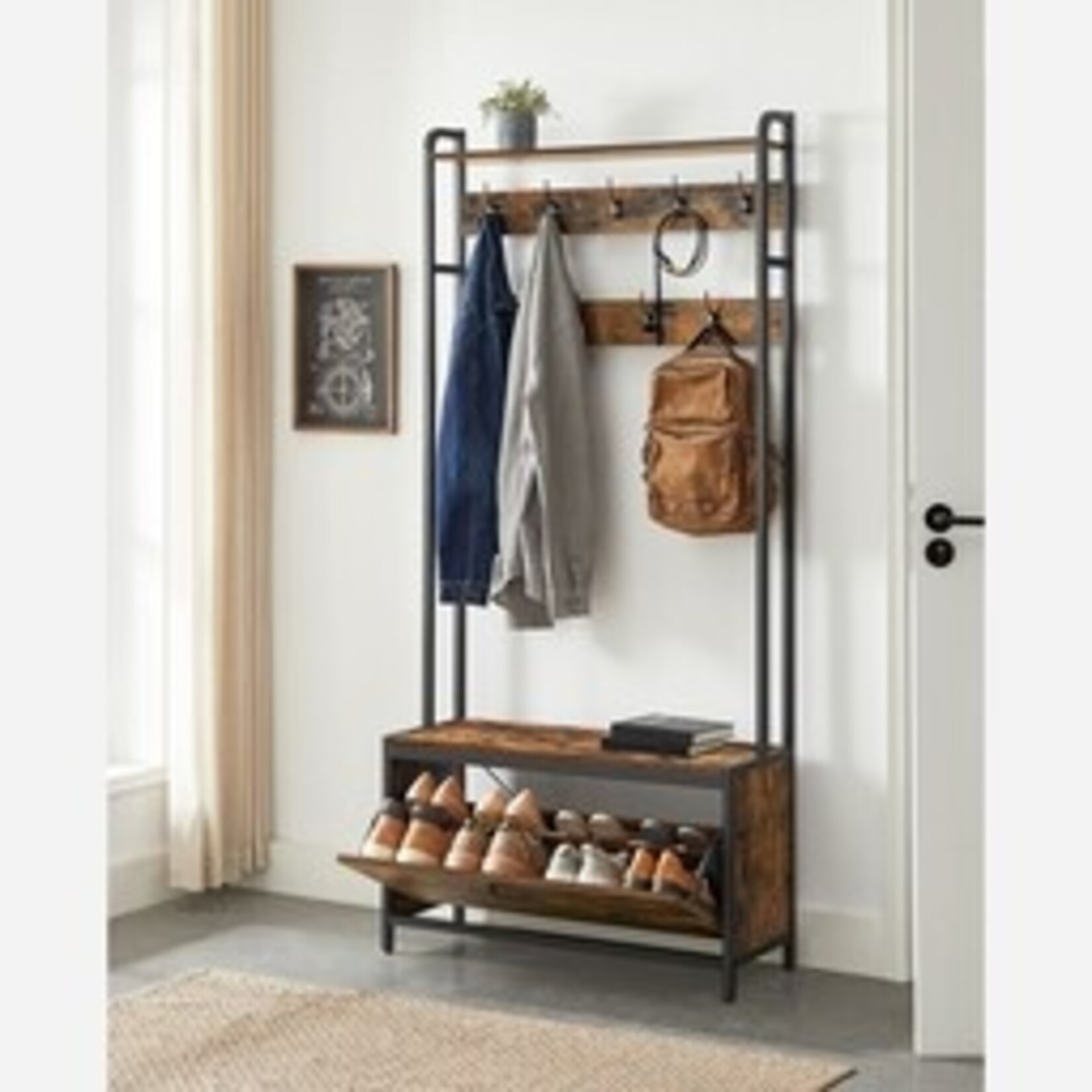 Parya Home Parya Home Coat rack with shoe cabinet - coat rack with bench - clothes rack - shoe rack - 9 hooks - top shelf - for hallway - bedroom - industrial design - vintage brown - black