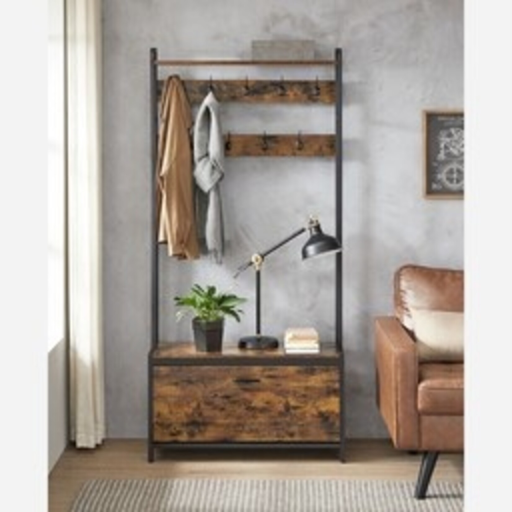 Parya Home Coat rack with shoe cabinet - coat rack with bench - clothes rack - shoe rack - 9 hooks - top shelf - for hallway - bedroom - industrial design - vintage brown - black