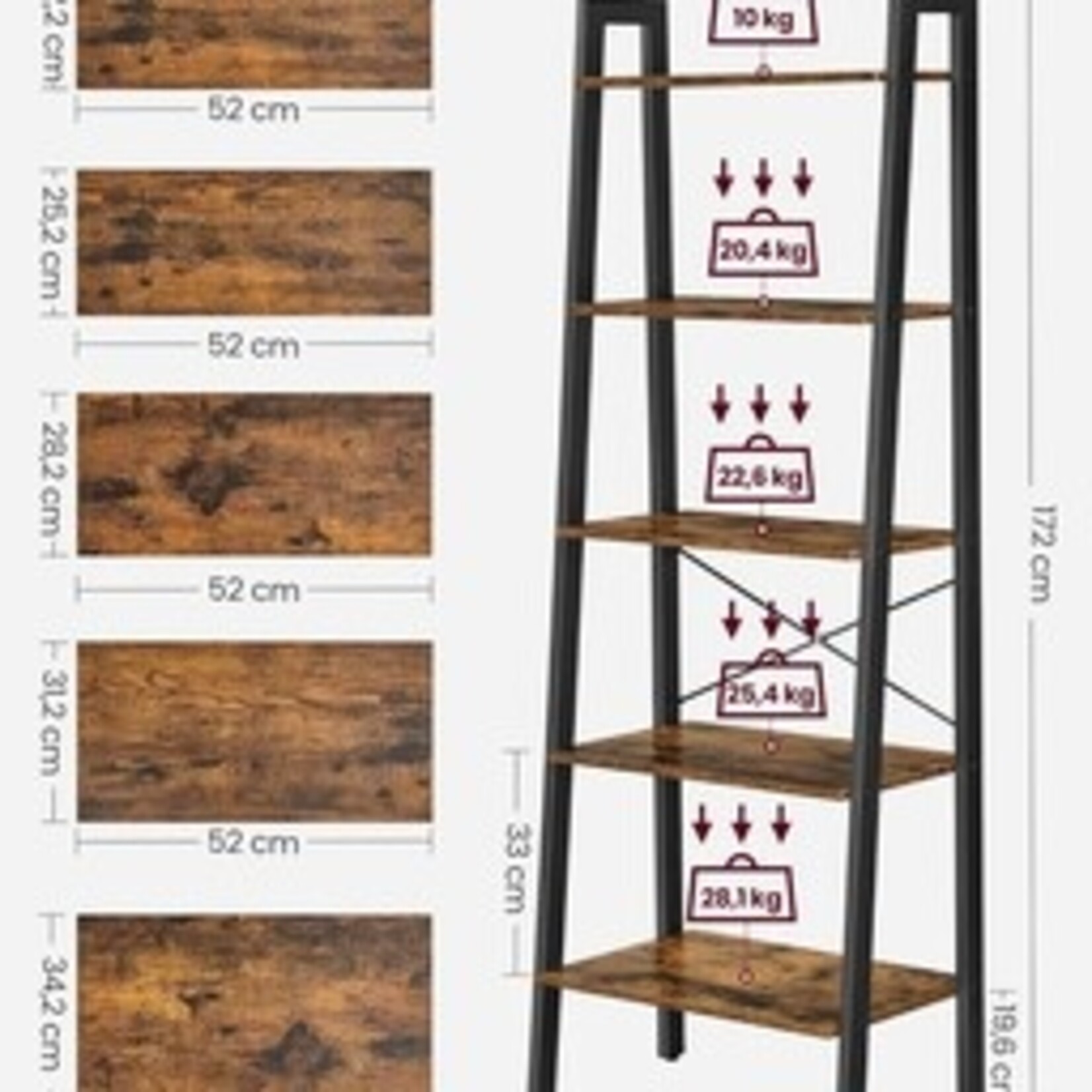 Bobbel Home Boekenkast Industrieel - Boekenstandaard - Ladderkast 5 Laags 56 x 34 x 172 cm