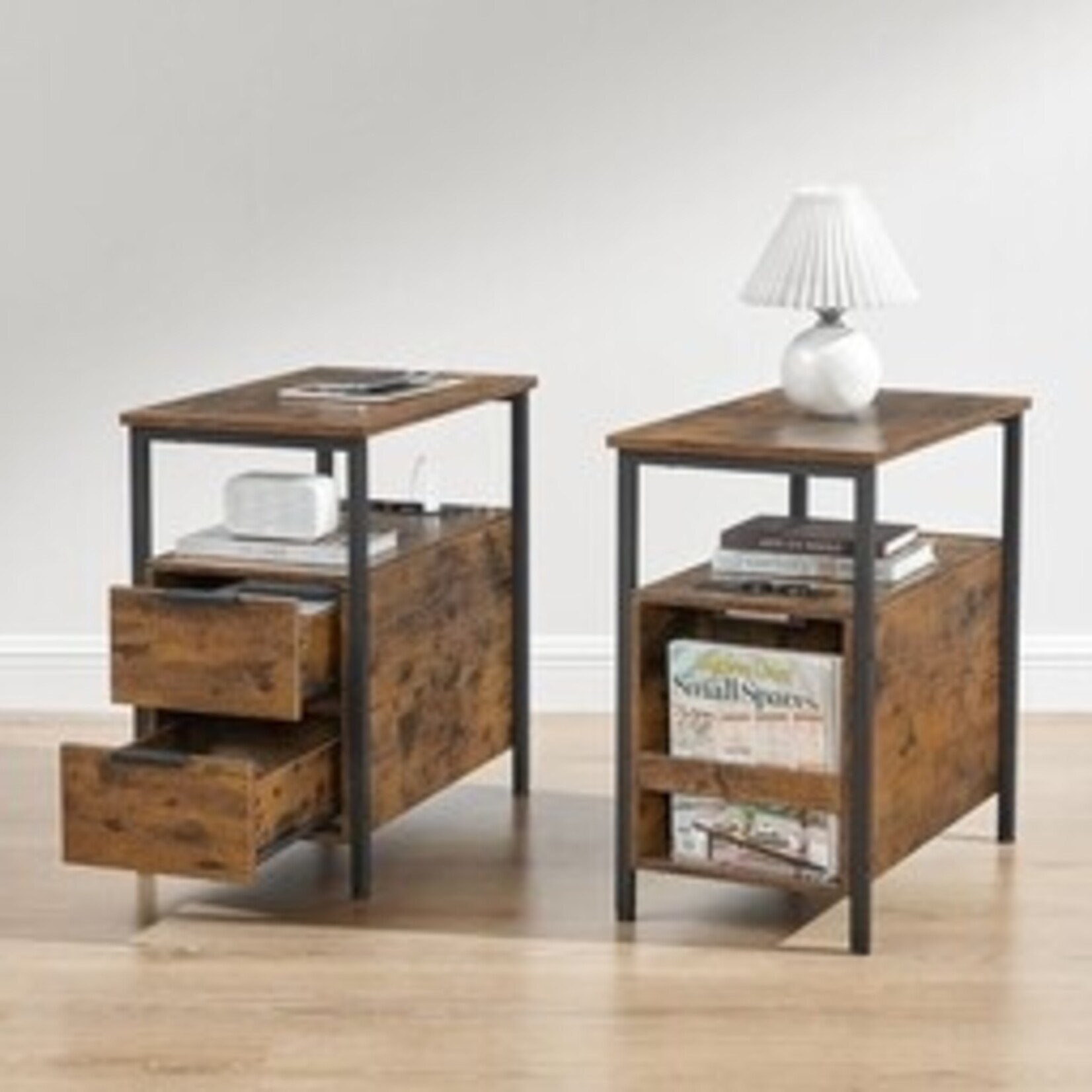 Parya home Side Table, Nightstand with Socket, 2 Drawers, Vintage Brown/Ink Black