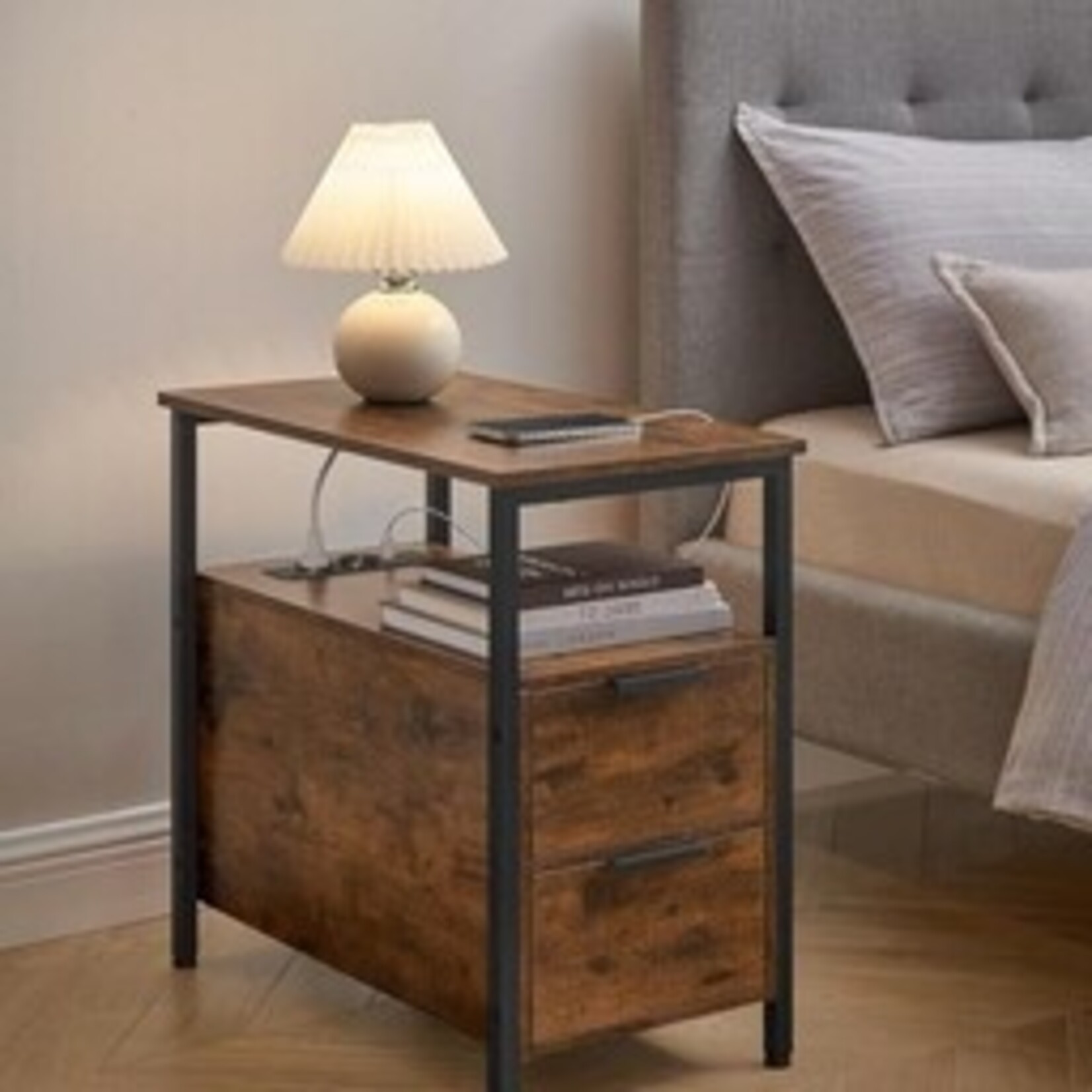 Parya home Side Table, Nightstand with Socket, 2 Drawers, Vintage Brown/Ink Black