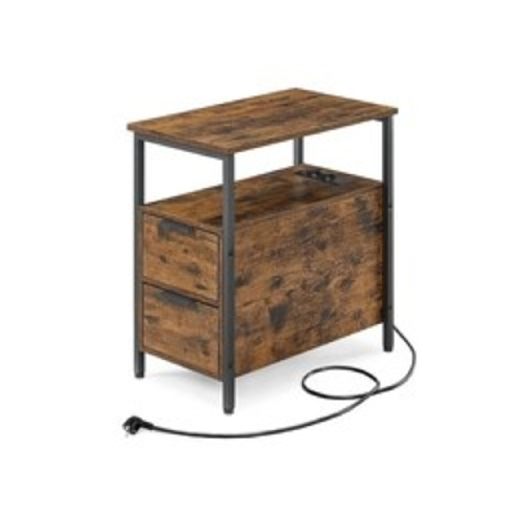 Parya home Side Table, Nightstand with Socket, 2 Drawers, Vintage Brown/Ink Black