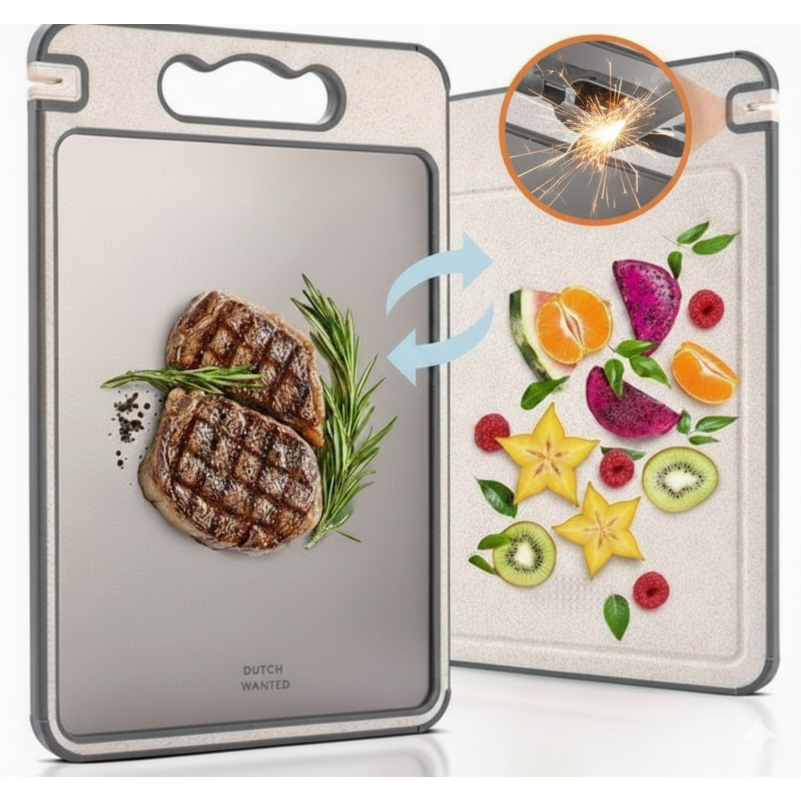 Dutch Wanted Dutch Wanted Stainless Steel Cutting Board - Stainless Steel Cutting Board - Double-sided Function - Cutting Board - Dishwasher Safe - Non-Slip Material - Stainless Steel Side with Wheat Fibre Side - Avoid Microplastics - Hygiene - BPA Free