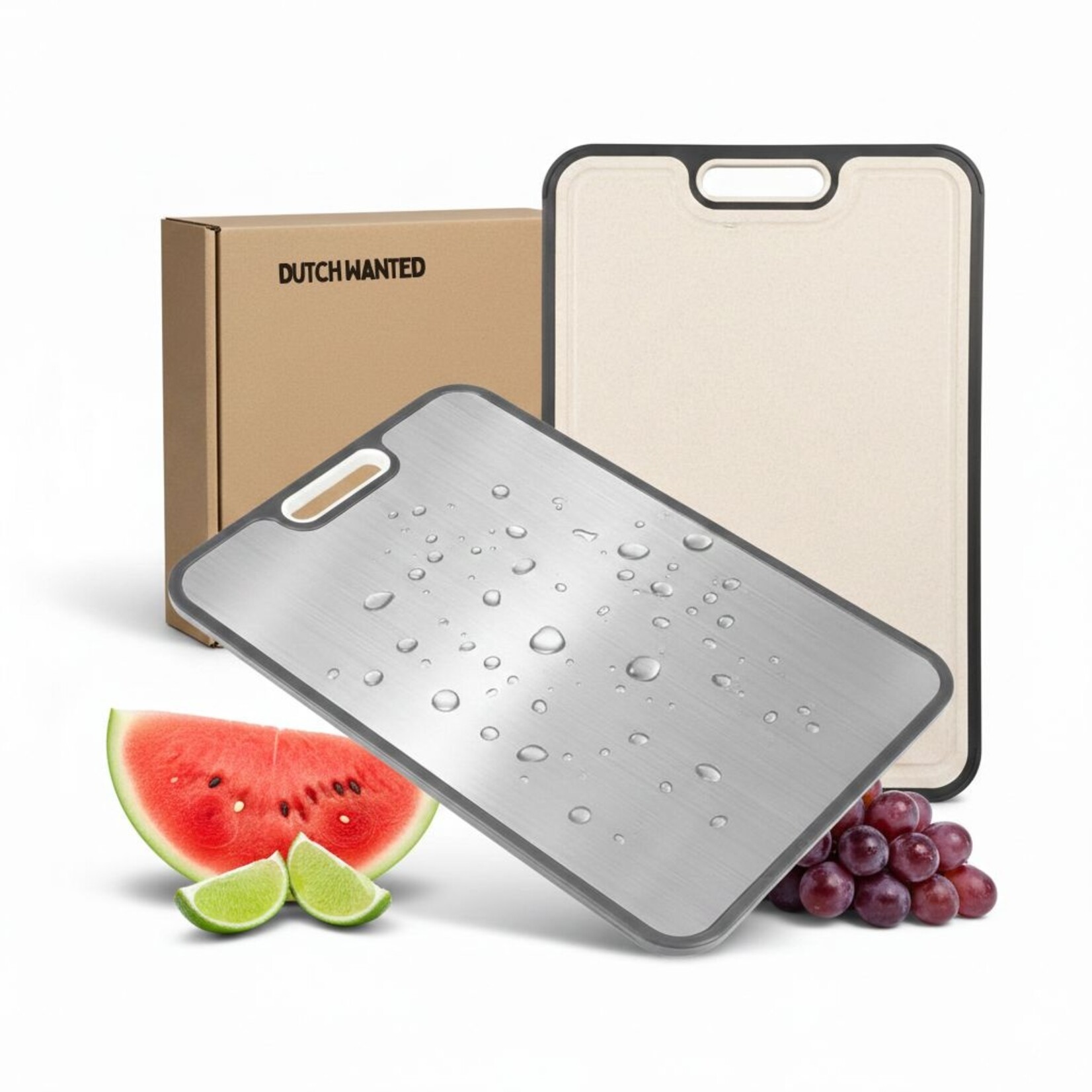 Dutch Wanted Dutch Wanted - 100% stainless steel cutting board, double-sided with wheat fibre side - Avoid microplastics - Hygienic - Grater function - Dishwasher safe - Non-slip