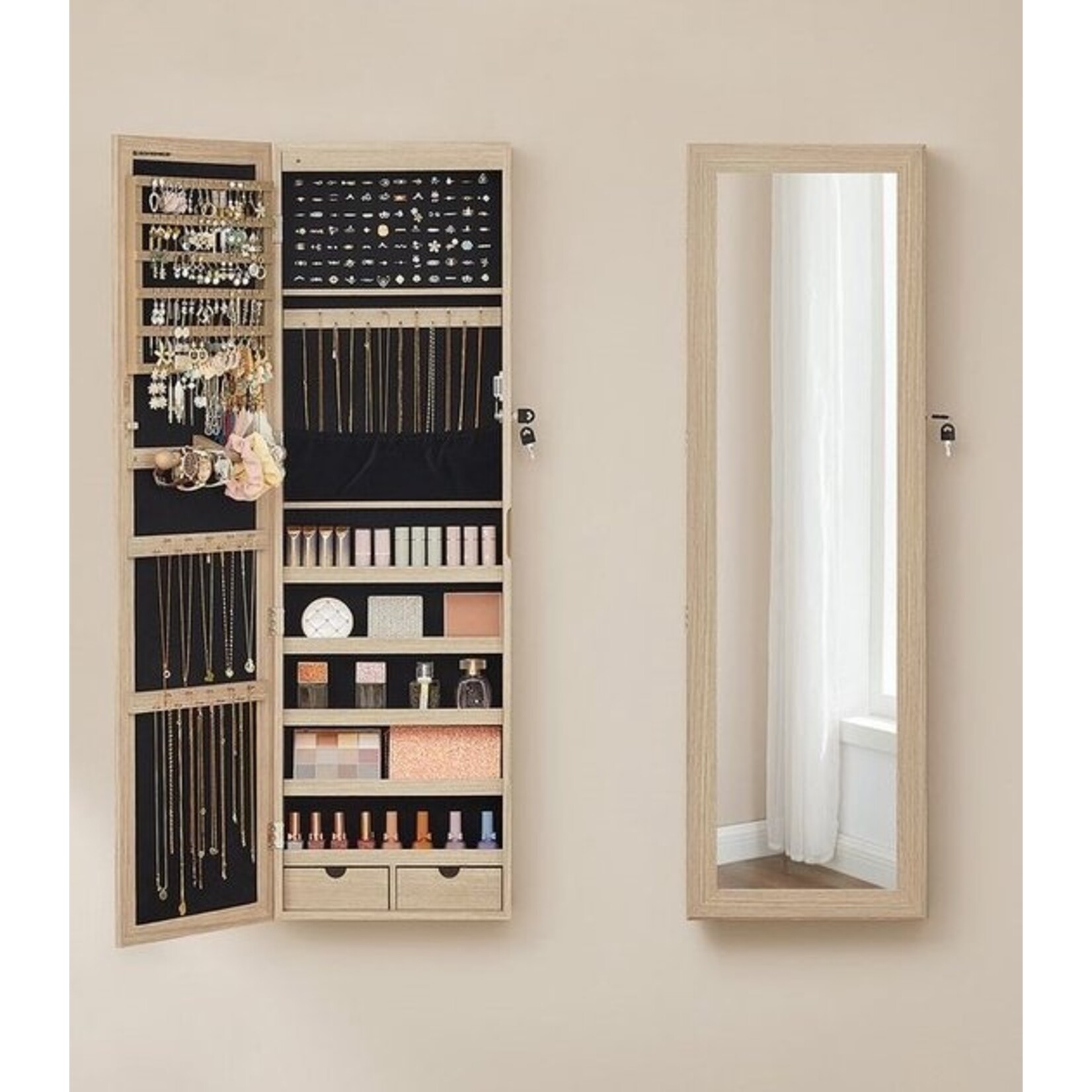 Bobbel Home hanging jewellery cabinet - lockable jewellery cabinet with mirror - mirror cabinet - wall cabinet with mirror and multiple compartments - wall-mounted - hangs on the door - for necklaces - earrings - oak