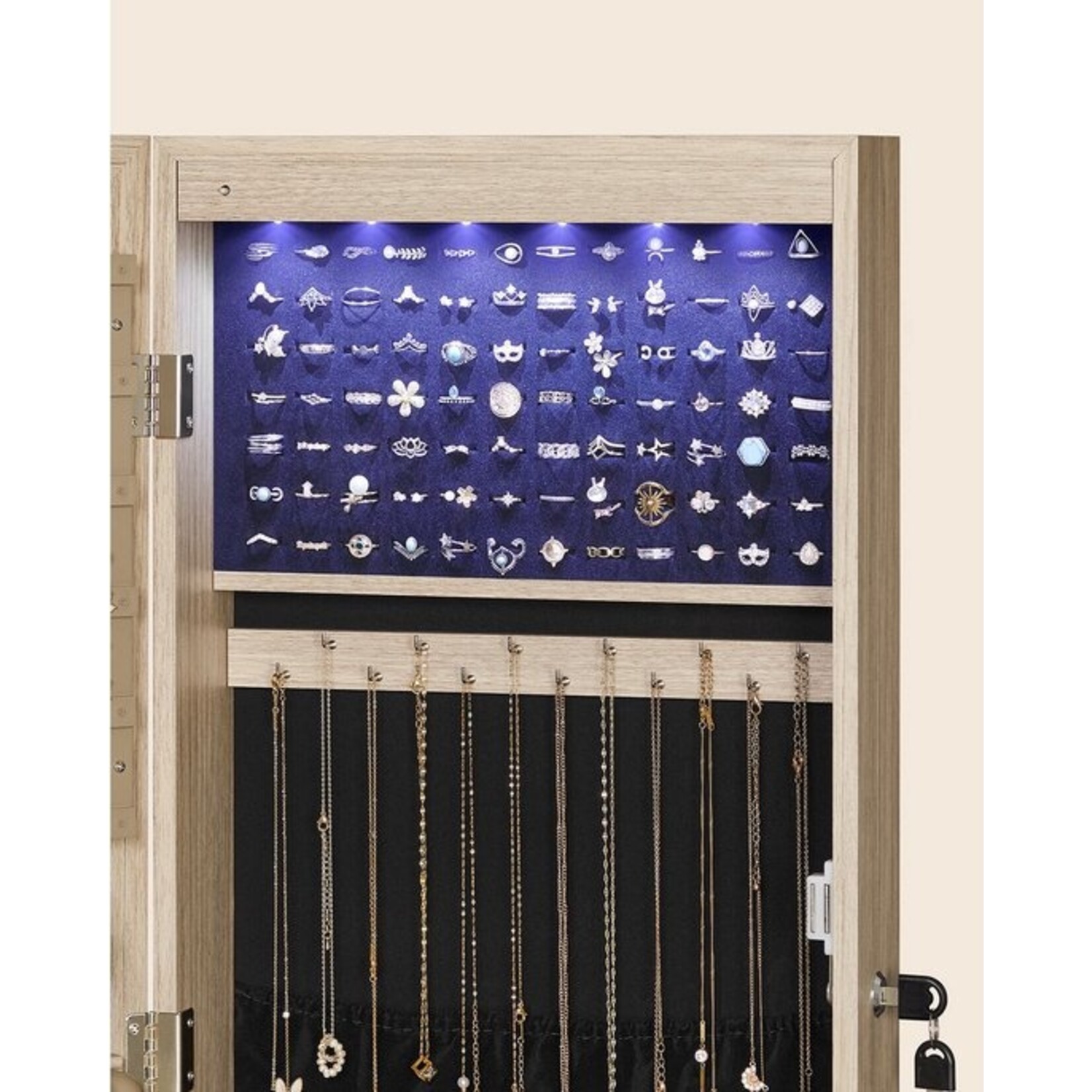 Bobbel Home hanging jewellery cabinet - lockable jewellery cabinet with mirror - mirror cabinet - wall cabinet with mirror and multiple compartments - wall-mounted - hangs on the door - for necklaces - earrings - oak