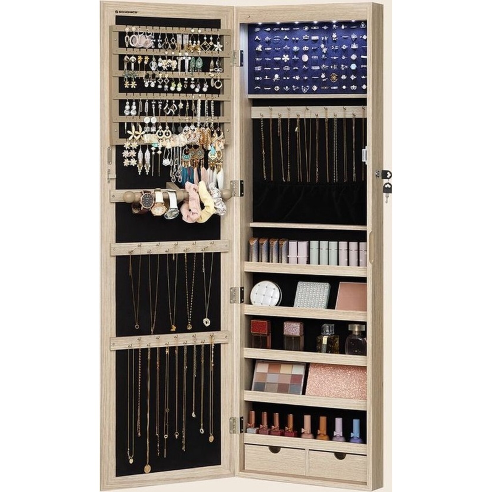 Bobbel Home hanging jewellery cabinet - lockable jewellery cabinet with mirror - mirror cabinet - wall cabinet with mirror and multiple compartments - wall-mounted - hangs on the door - for necklaces - earrings - oak